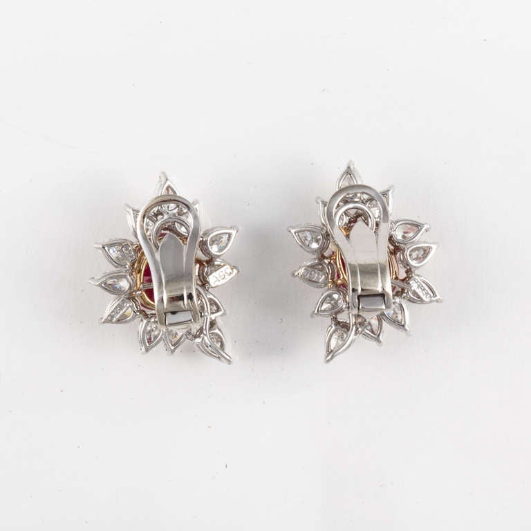 Oval Cut Estate Platinum and 18K Gold Burmese Ruby and Diamond Earrings For Sale