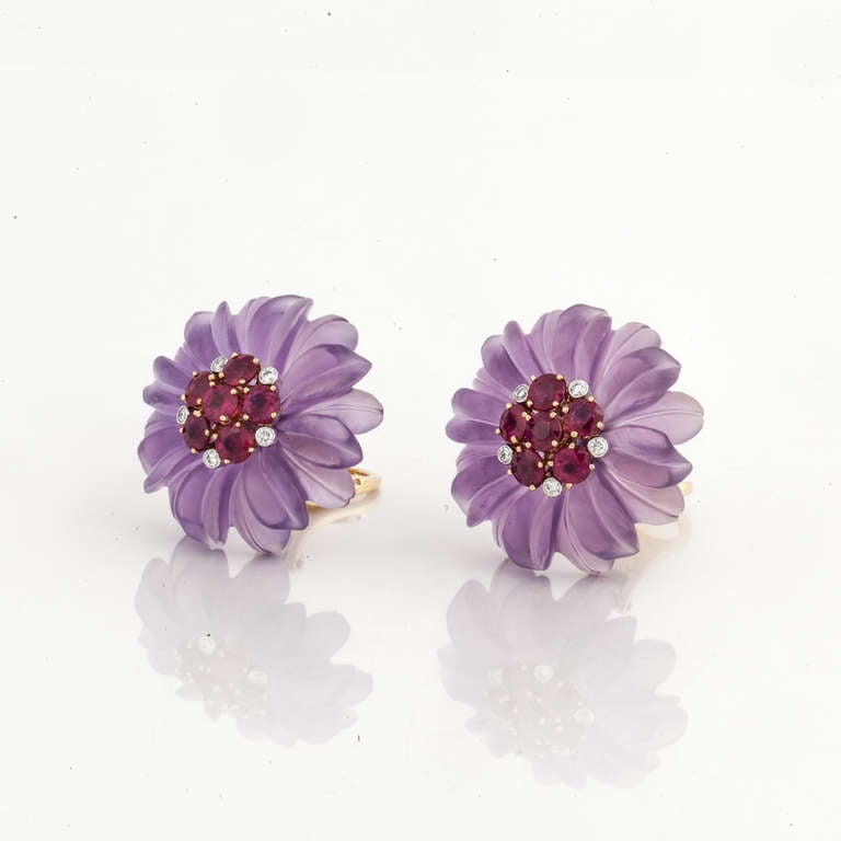 Aletto Brothers Carved Amethyst, Ruby, and Gold Earrings For Sale at ...