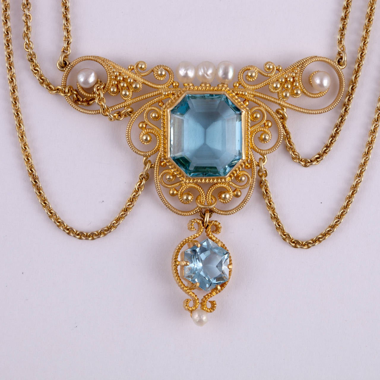 Art Nouveau Seed Pearl Aquamarine Gold Swag Necklace For Sale at 1stdibs