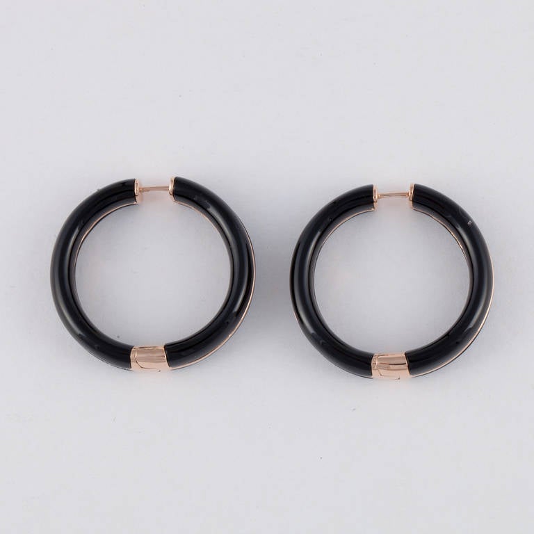 Onyx Diamond Rose Gold Hoop Earrings In Excellent Condition In Houston, TX