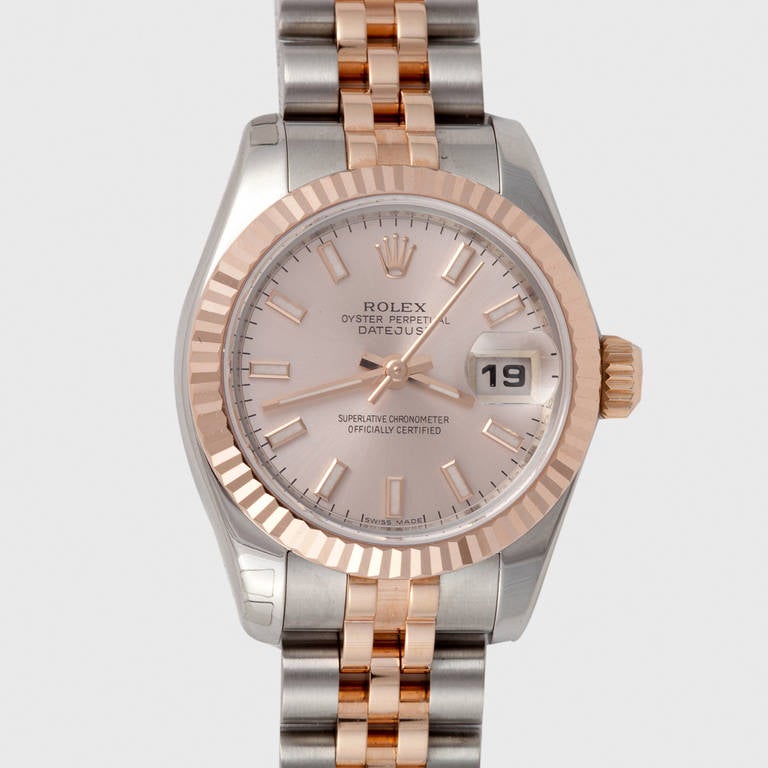 This Lady Datejust in stainless steel and 18kt rose gold is model no. 179171. The serial number dates the watch to 2005. It is in excellent condition but does not include the original box nor the paperwork.