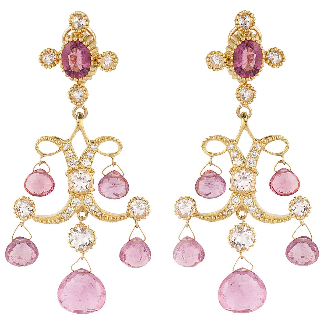 Pink Tourmaline Diamond Gold Chandelier Earrings For Sale at 1stdibs
