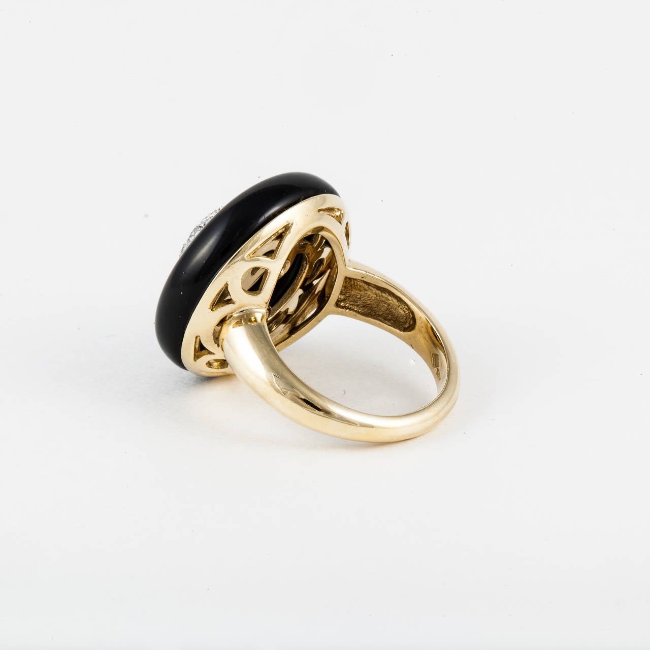Women's Onyx Disc Ring with Pavé Diamond Center in 18K Gold For Sale