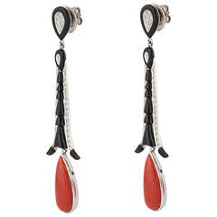 Coral Onyx Diamond Gold Dangle Earrings 7