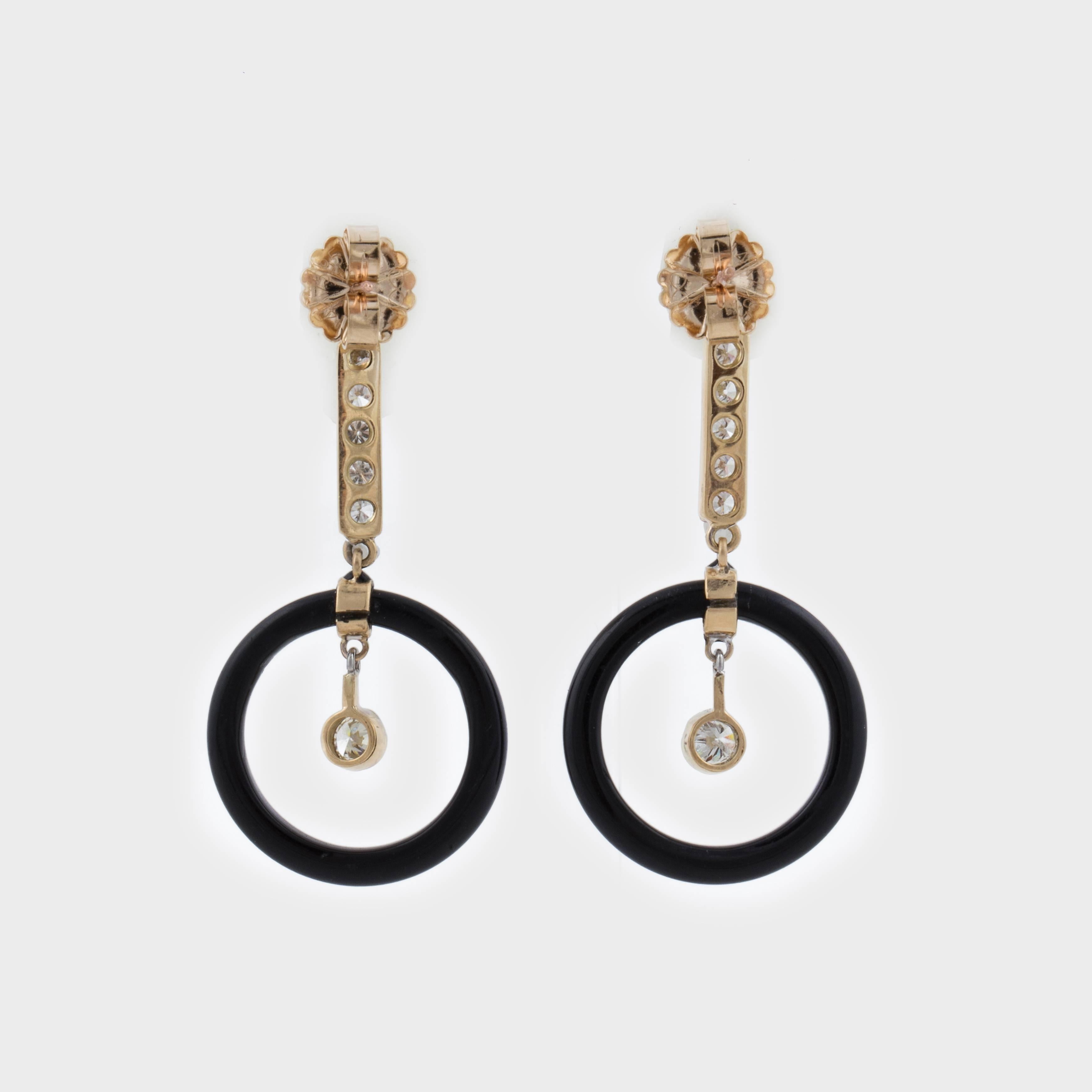 Round Cut Art Deco Concentric Drop Earrings with Onyx and Diamonds For Sale