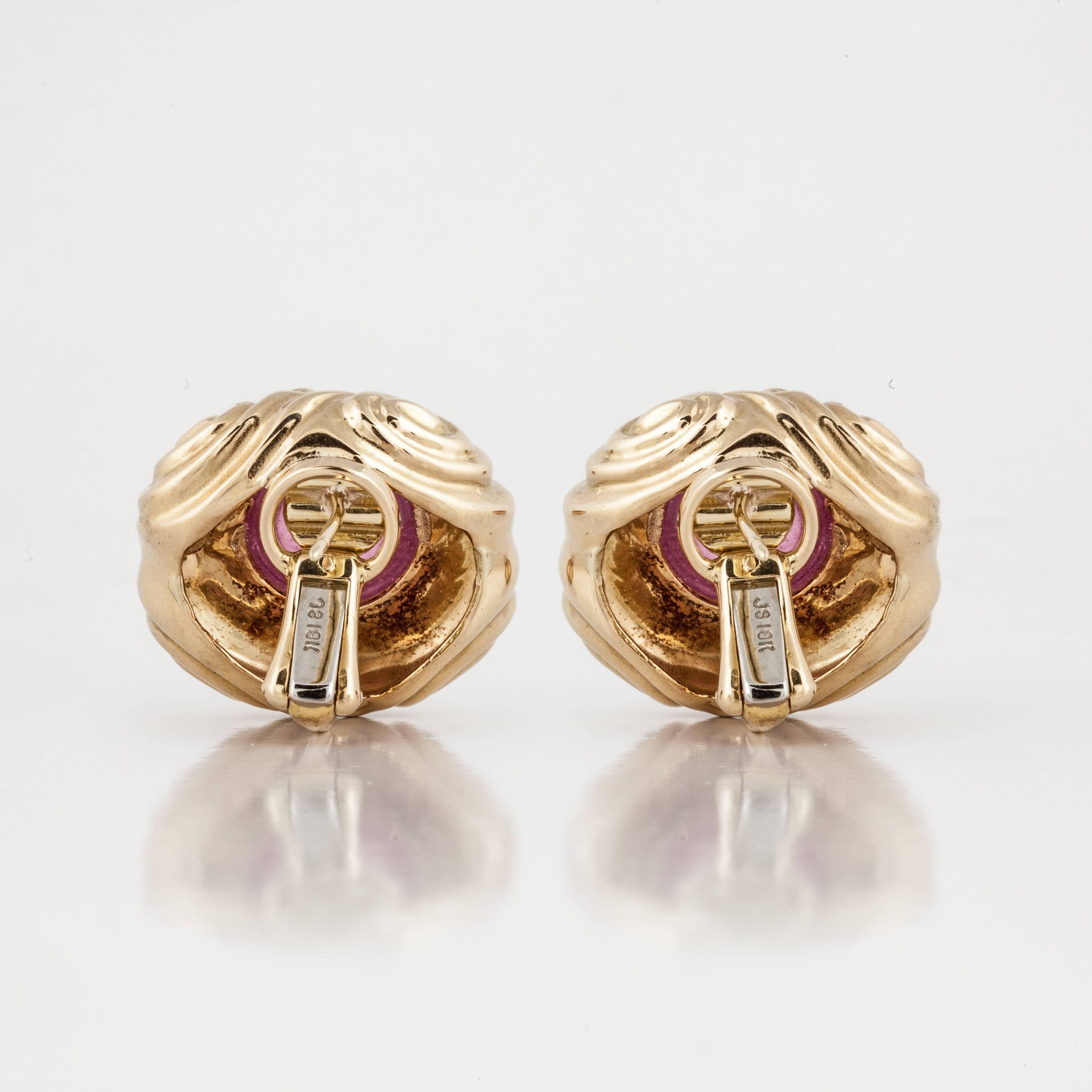 18K Yellow Gold Cabochon Pink Tourmaline and Diamond Earrings In Good Condition In Houston, TX