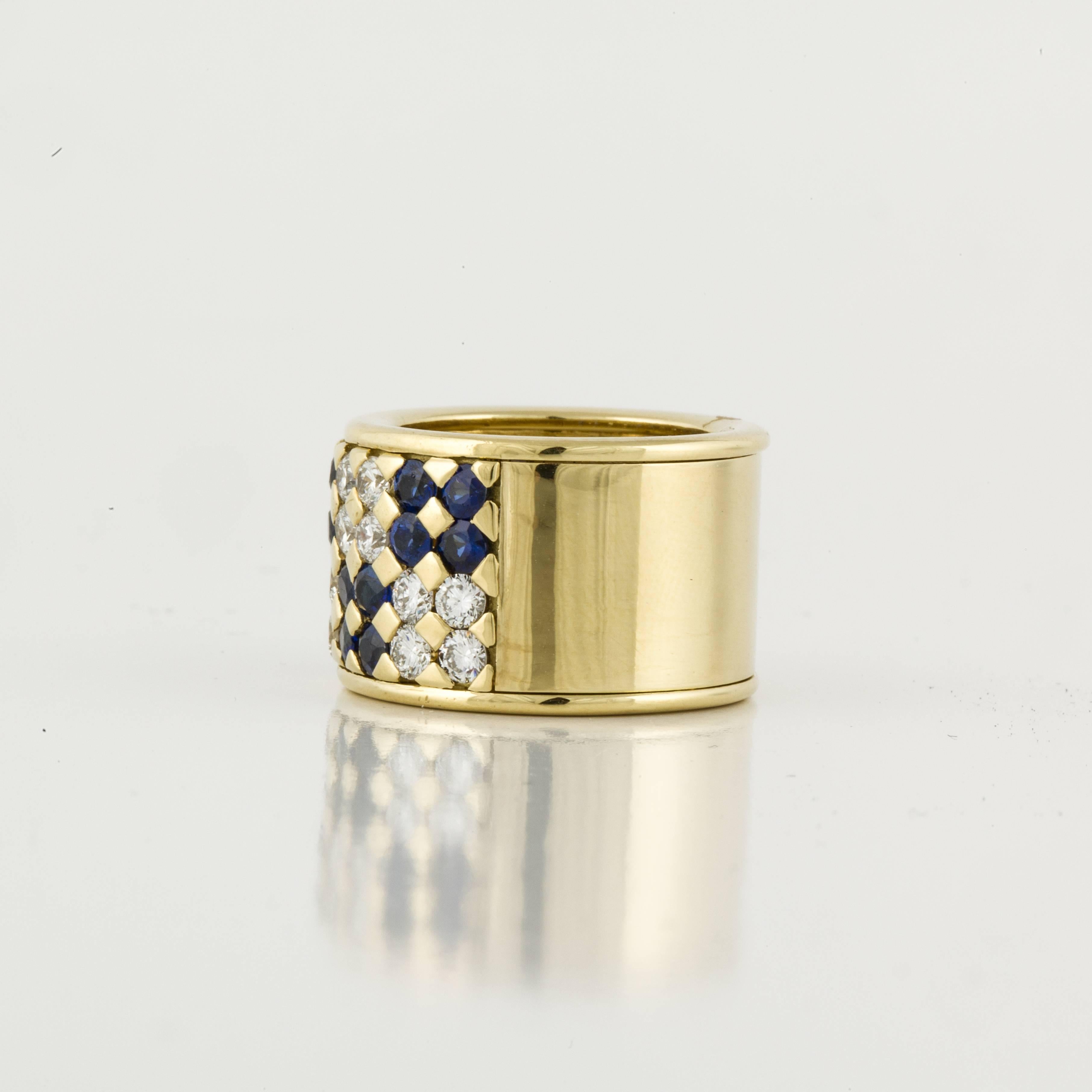 Round Cut Sapphire and Diamond Cigar Band in 18K Yellow Gold