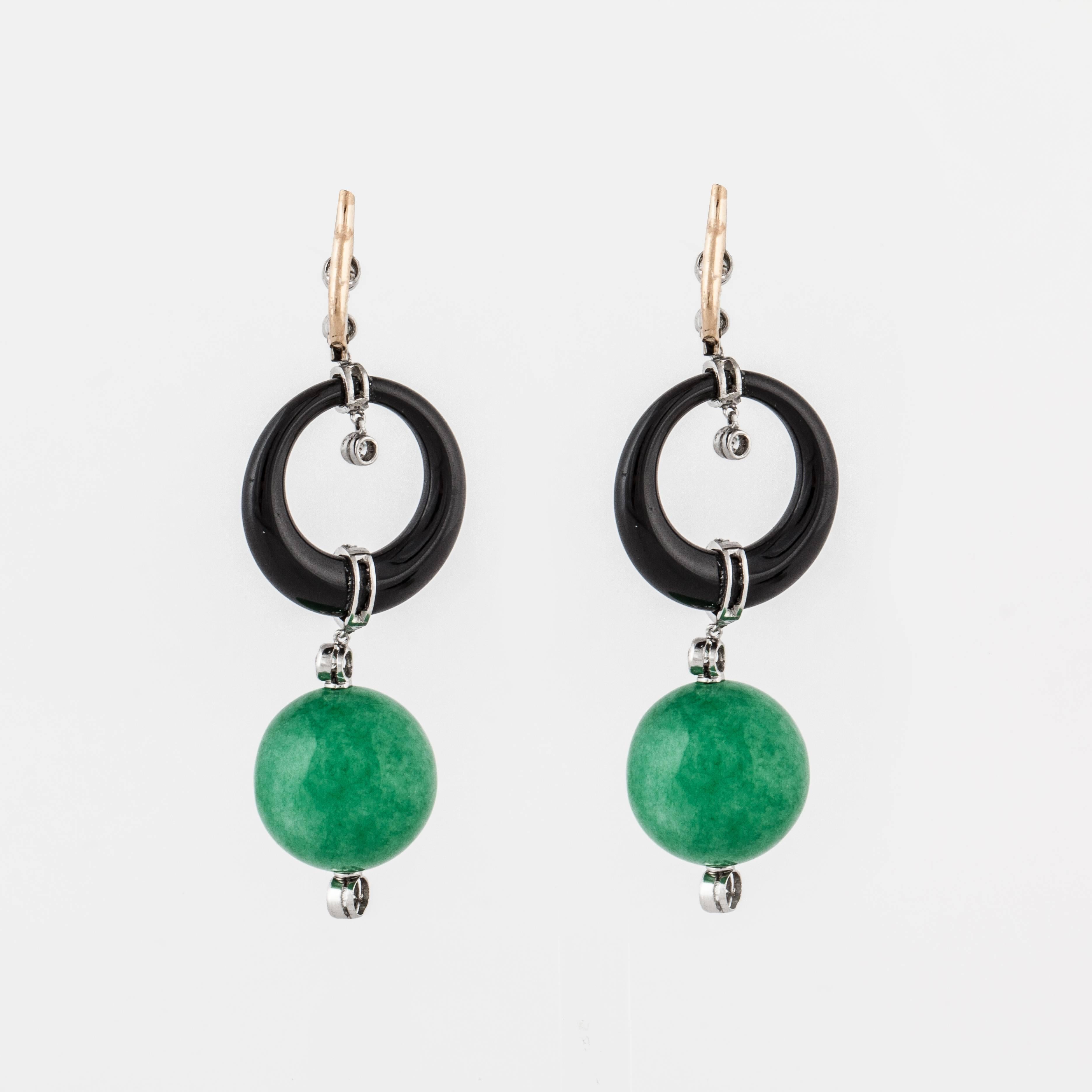 Art Deco Jade Onyx and Diamond Drop Earrings in 18K Gold and Platinum For Sale