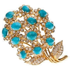 David Webb Broche fleur en or 18 carats, turquoise et diamants