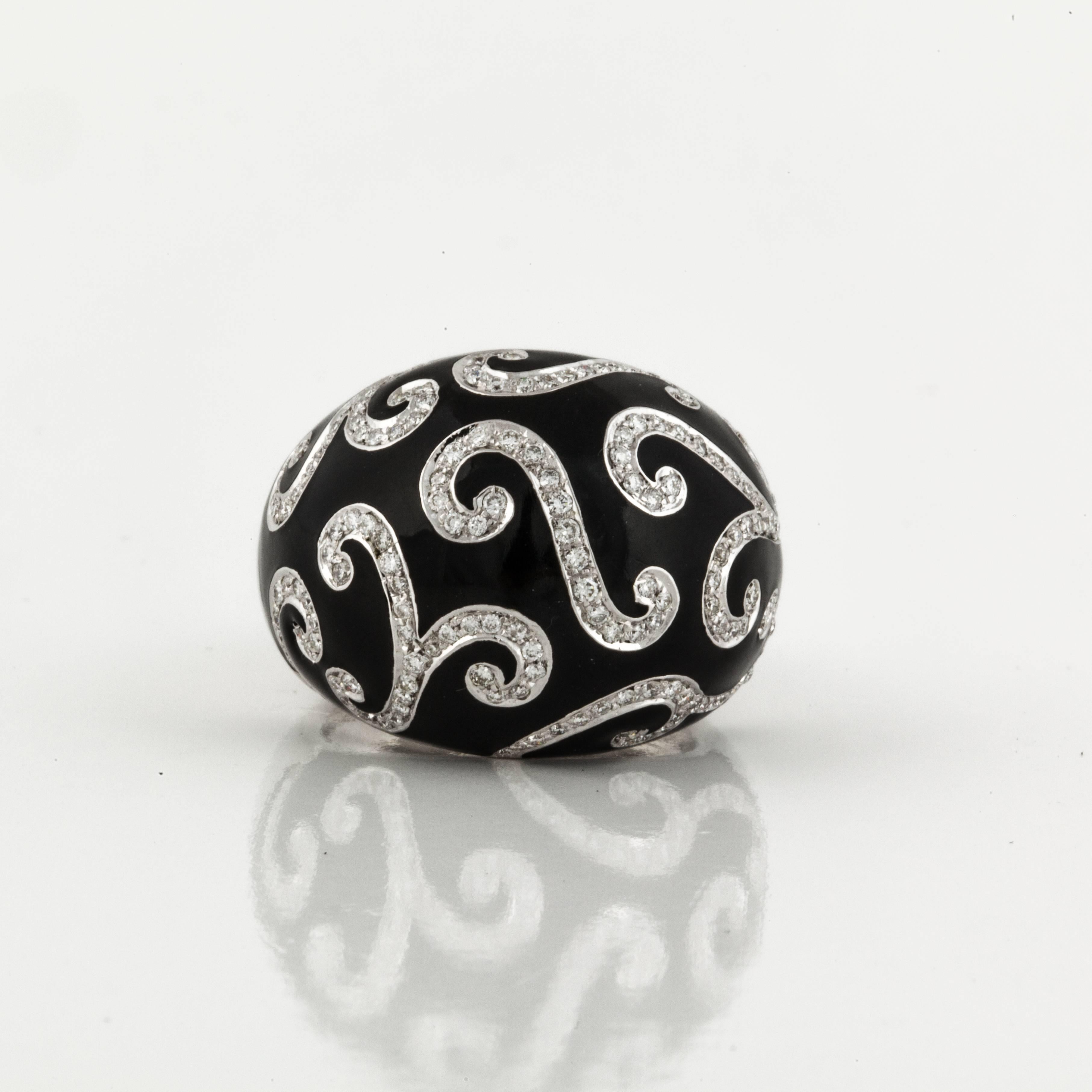 Roberto Legazzi 18K white gold black enamel dome ring with diamonds.  The ring is marked on the inside 