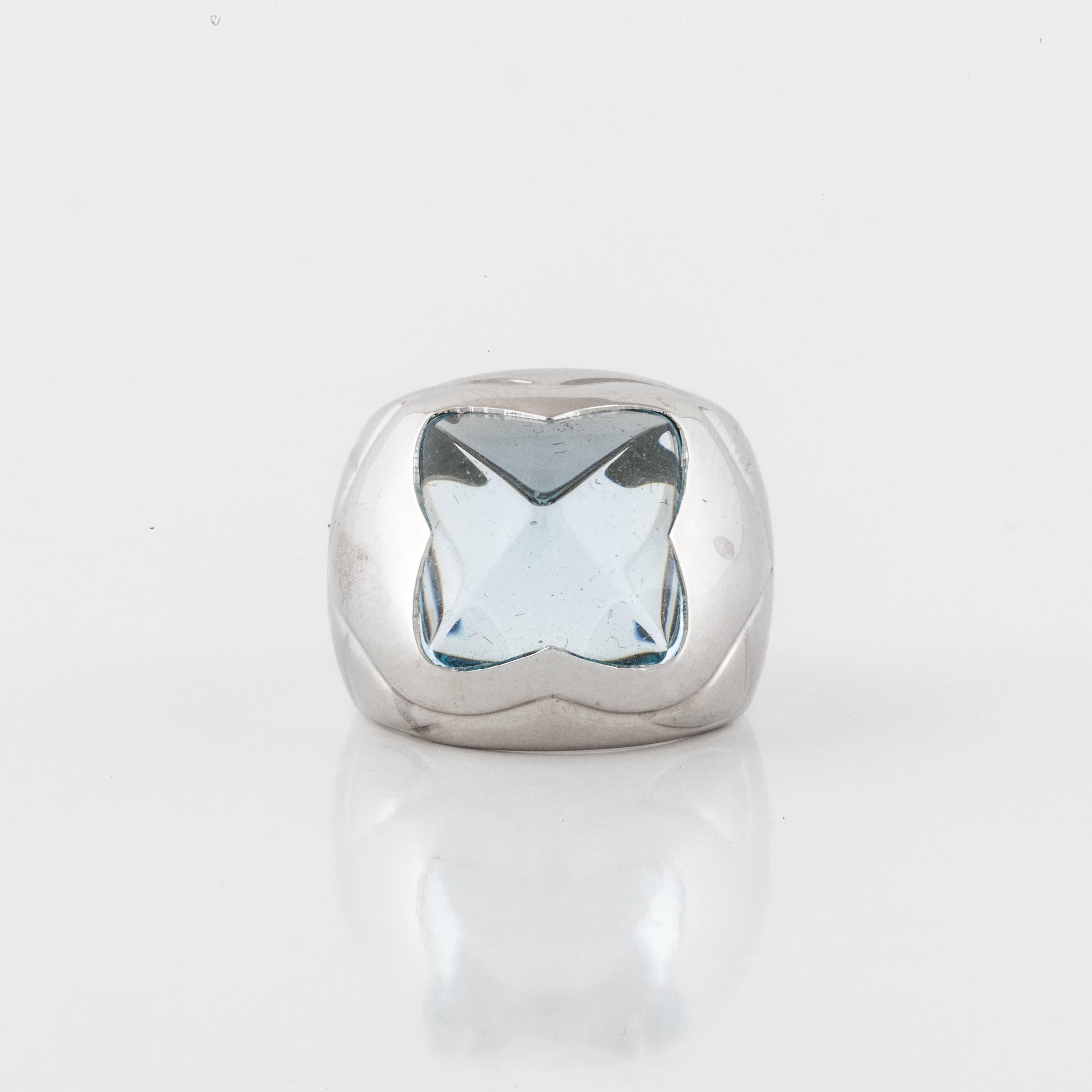 Bulgari Pyramid ring in 18K white gold with pyramid shaped blue topaz.  The ring is marked 