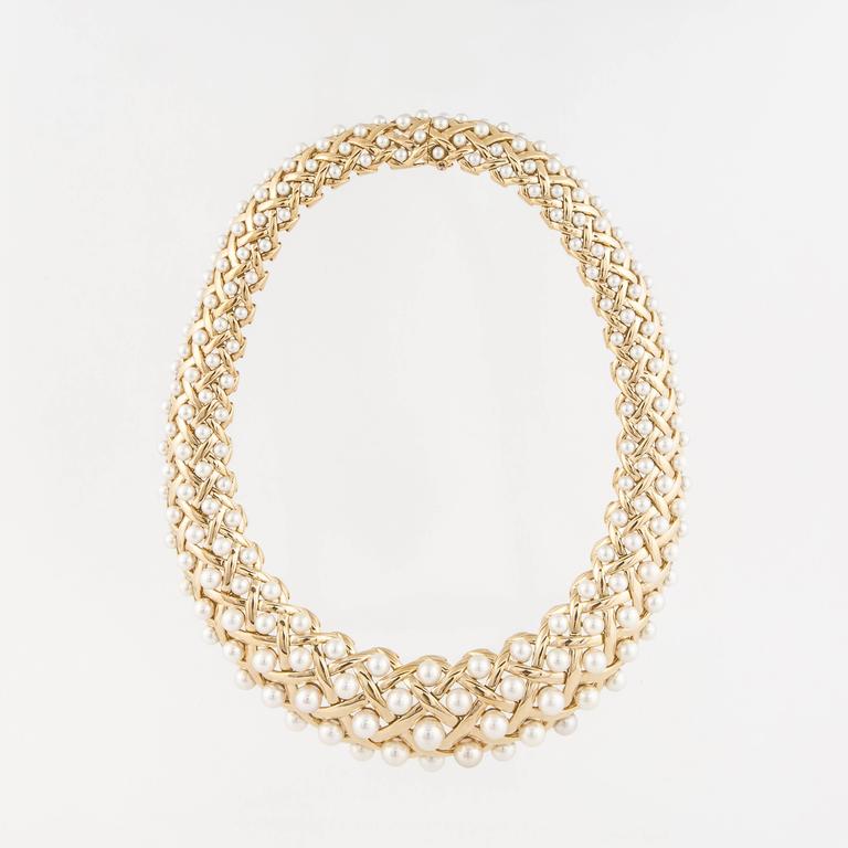 Chanel Pearl Yellow Gold Bib Collar Necklace For Sale at 1stdibs