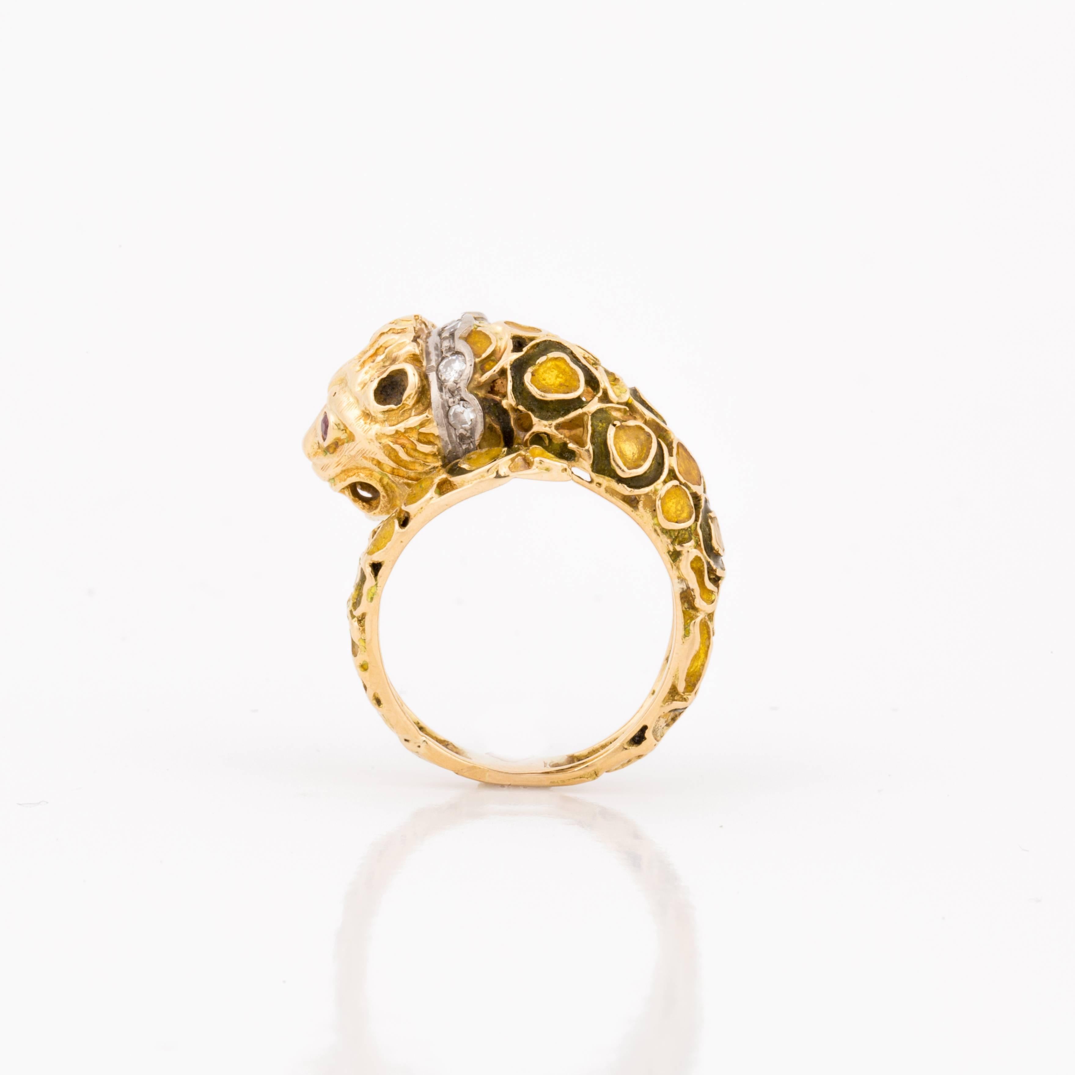 Lalaounis lion head ring in 18K yellow gold with enamel, rubies and diamonds, marked 