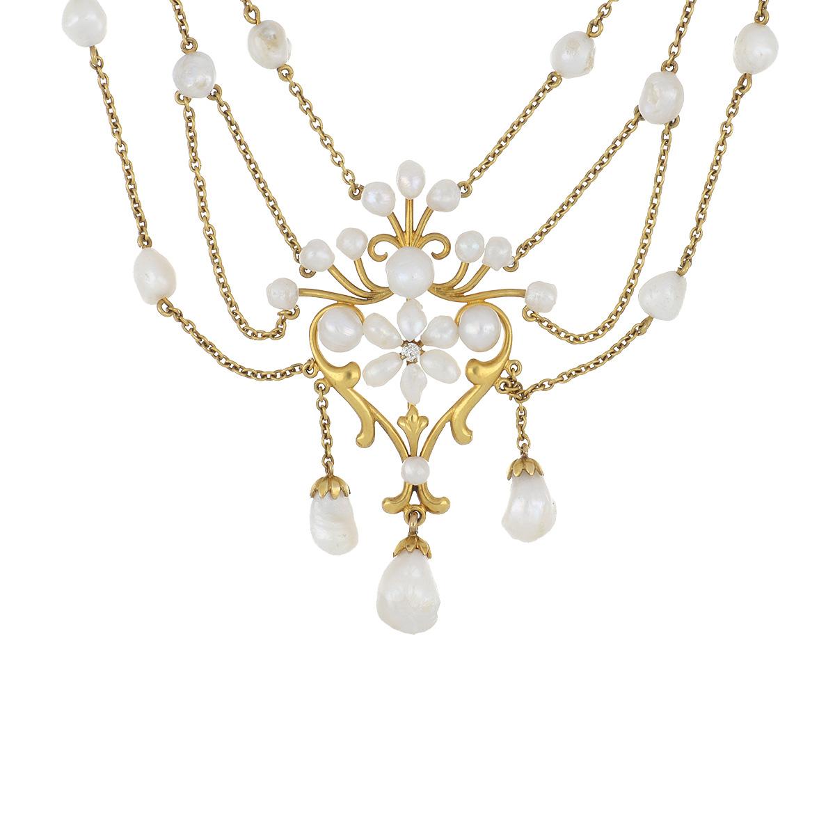 Jugendstil 14K Gold Süßwasserperlen-Swag-Halskette mit Diamanten (Gemischter Schliff)