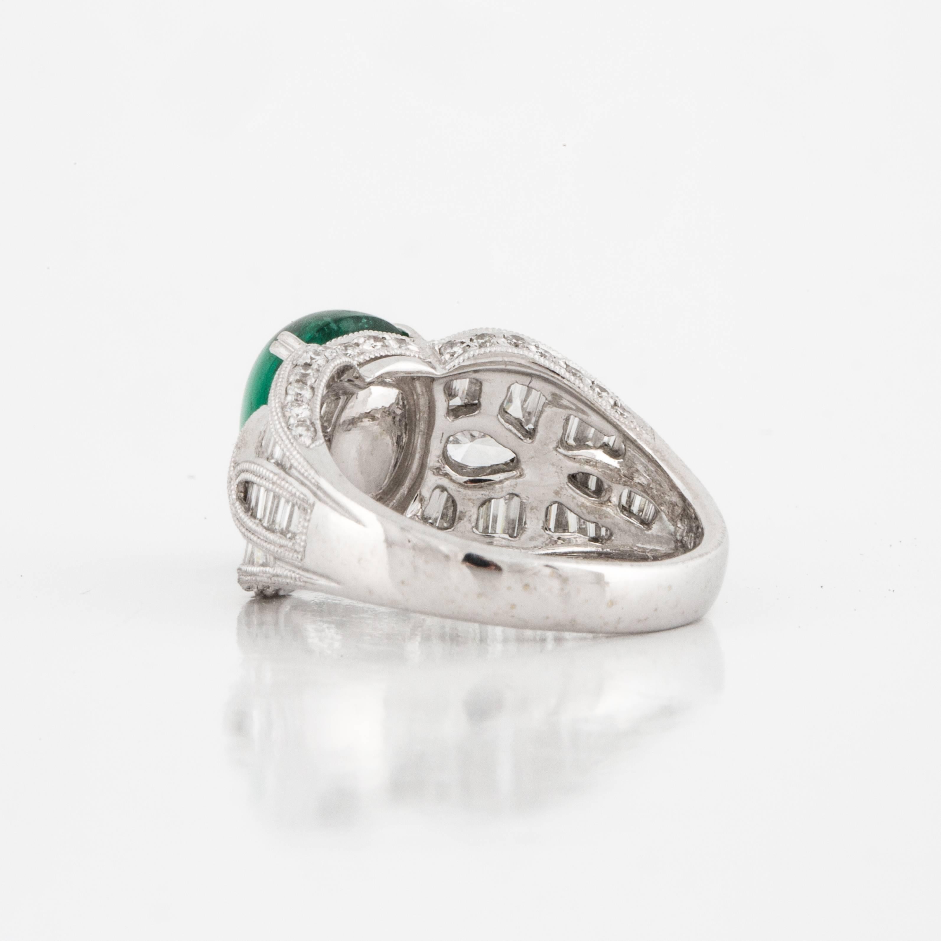 Women's Cabochon Emerald and Diamond Ring in 18K White Gold