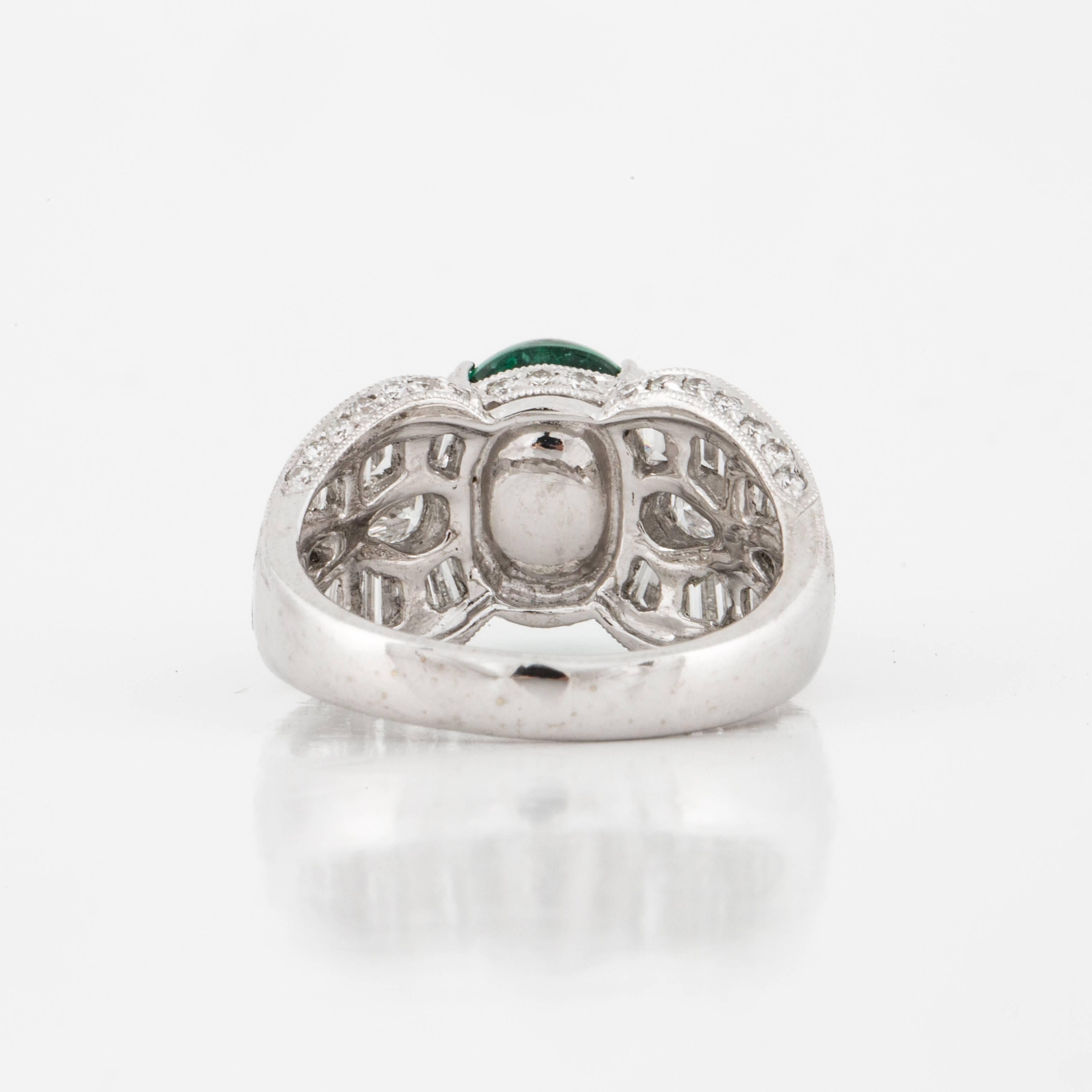 Cabochon Emerald and Diamond Ring in 18K White Gold 1