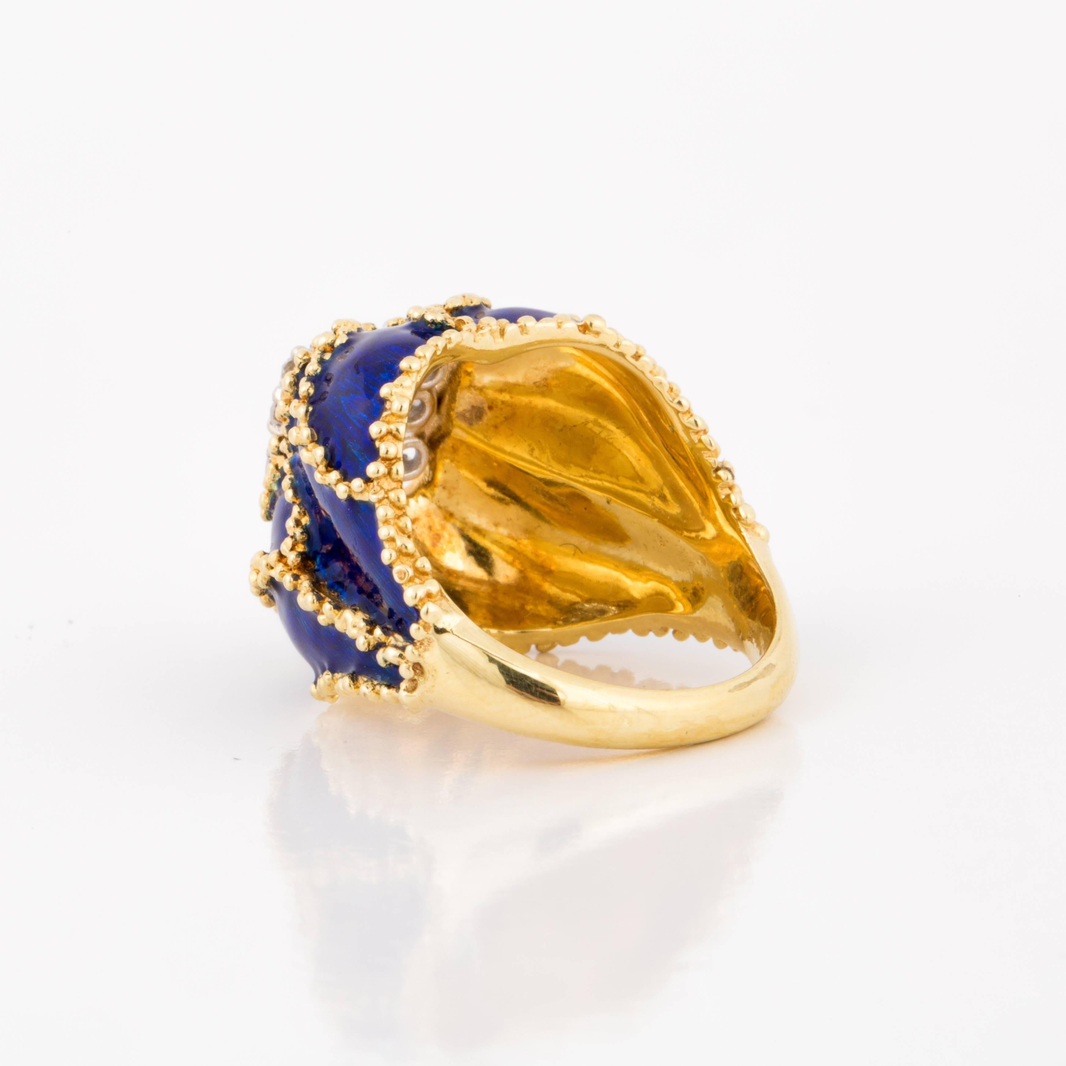 Women's Vintage 1970s 18K Yellow Gold Blue Enamel Ring with Diamonds For Sale
