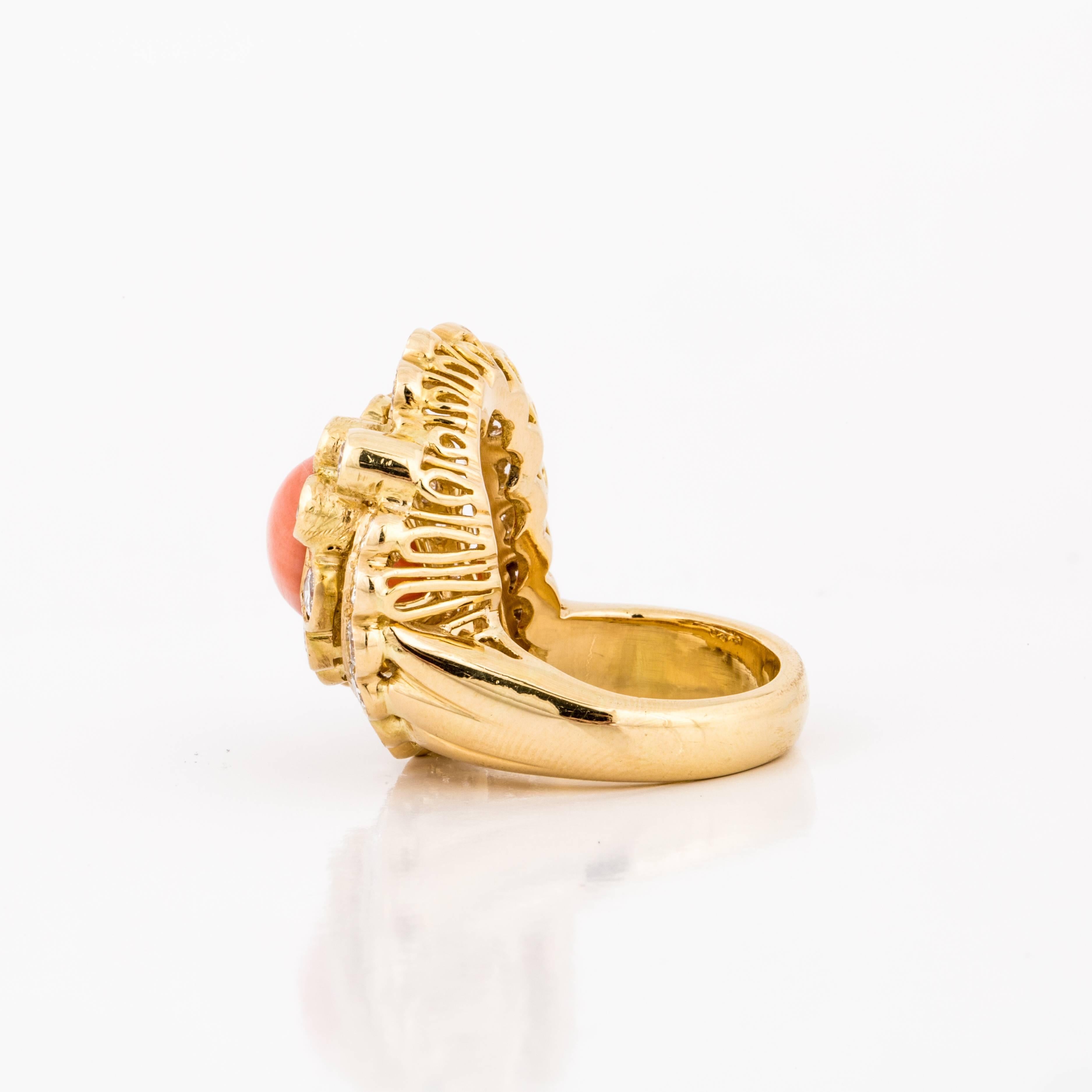 Mixed Cut Coral and Diamond 18K Yellow Gold Ring For Sale