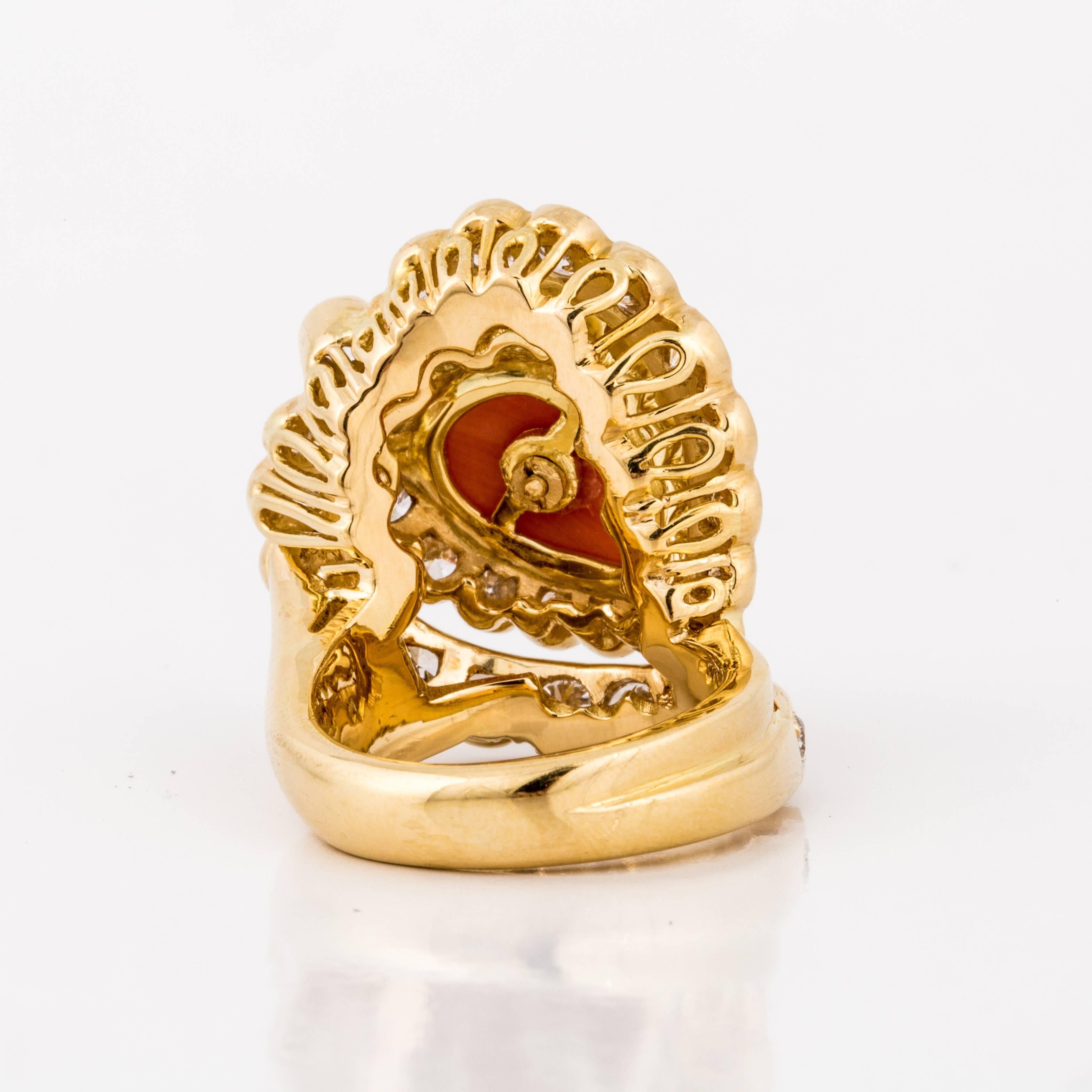 Women's Coral and Diamond 18K Yellow Gold Ring For Sale