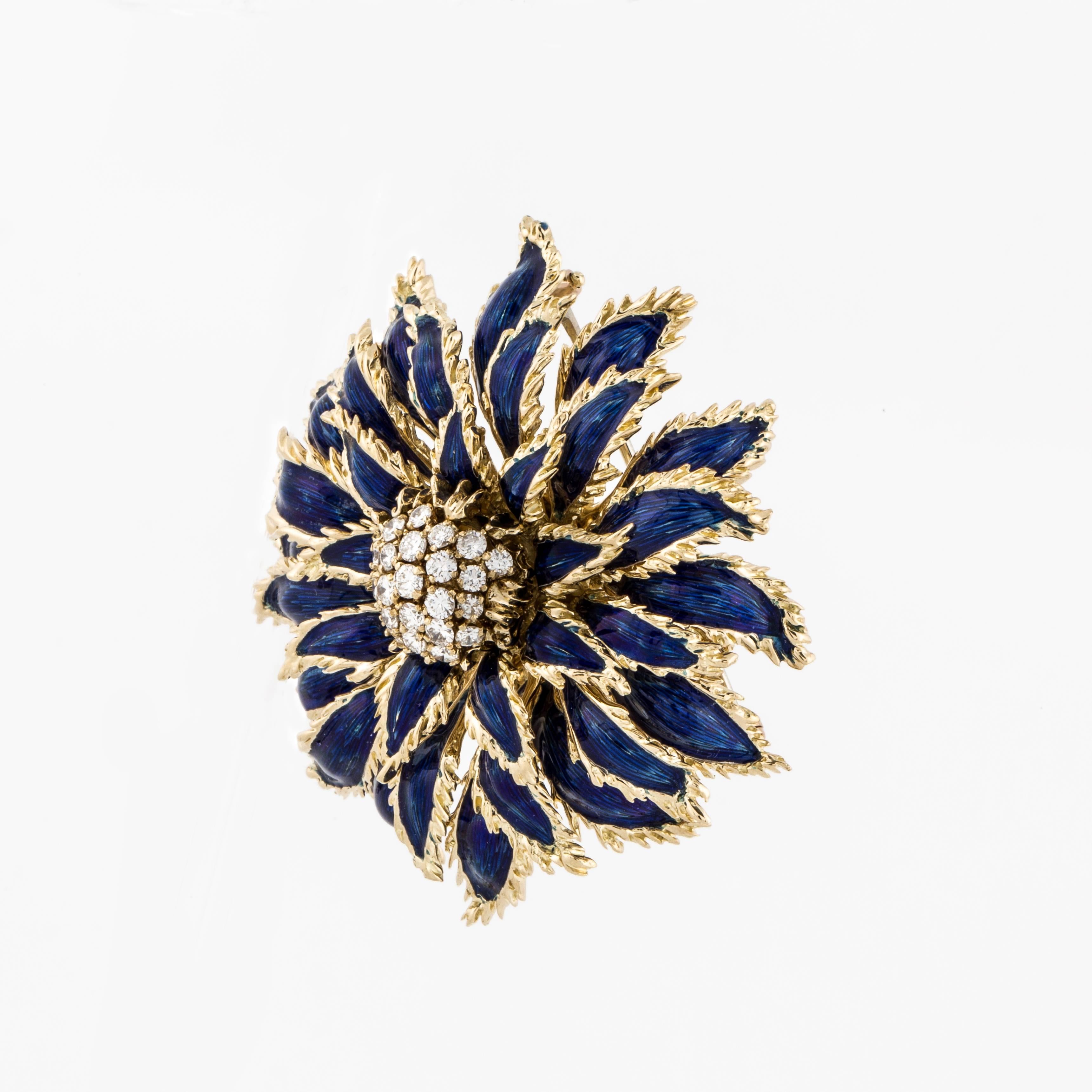 Yellow gold pin marked "Tiffany K18 Italy" on the back.  There are three layers of blue enamel petals surrounding a diamond center.  There are twenty-four (24) round diamonds totaling 1.55 carats.  They are G-H in color and VS-SI in