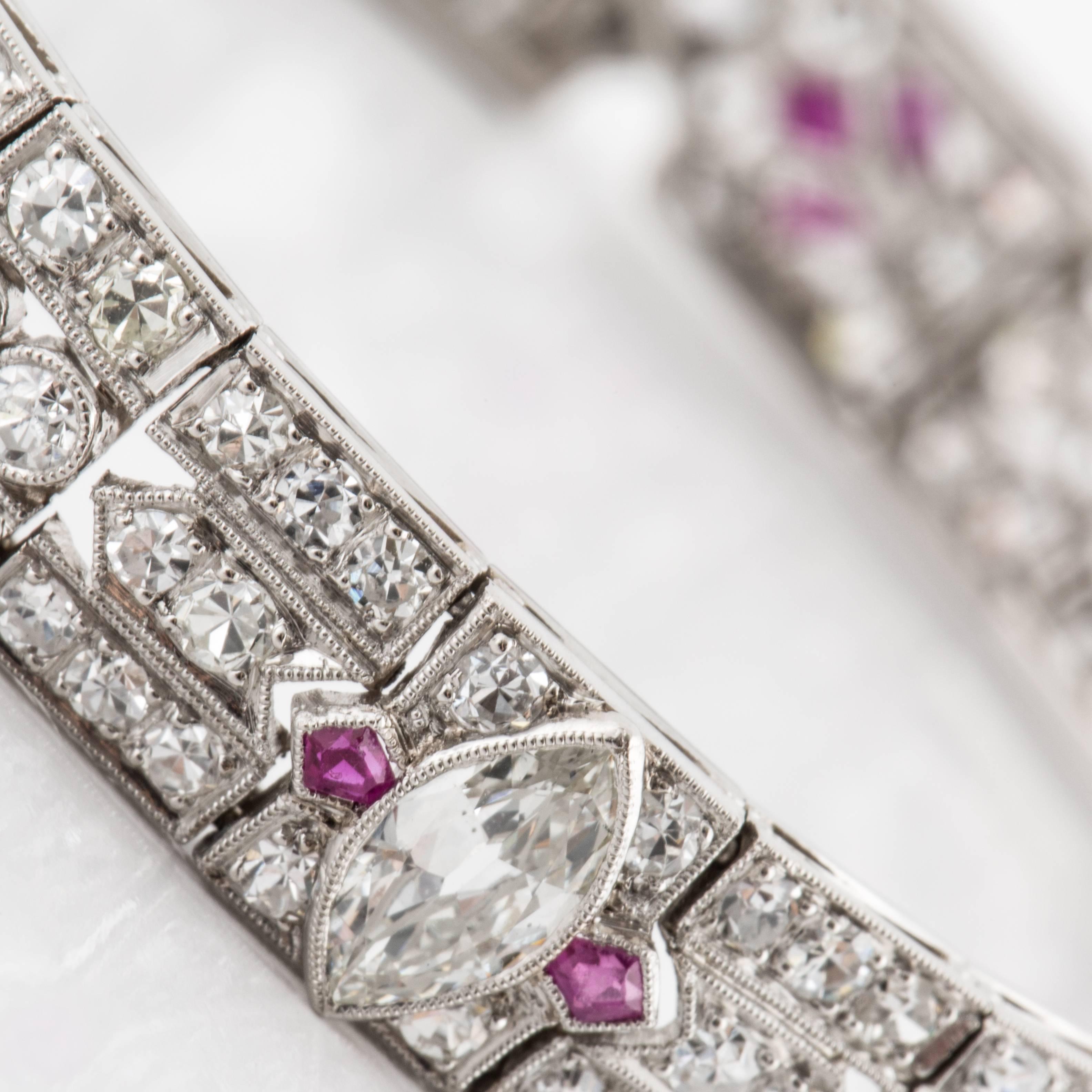 Mixed Cut Art Deco Platinum Diamond and Ruby Bracelet For Sale