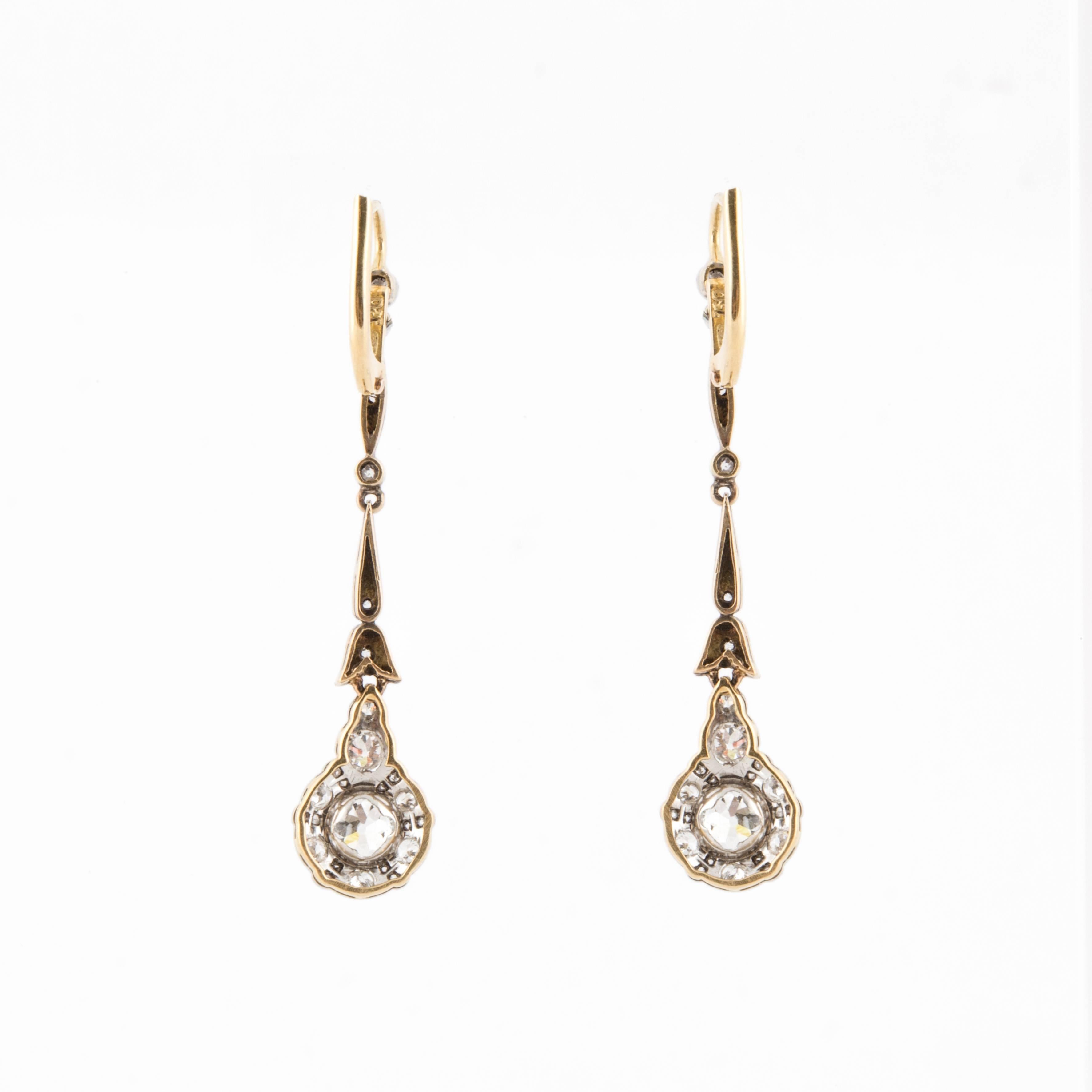 Mixed Cut Edwardian Diamond Cluster Platinum and 18K Gold Earrings