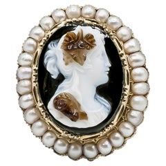 Victorian 14K Gold Agate Cameo Pin/Pendant with Pearls