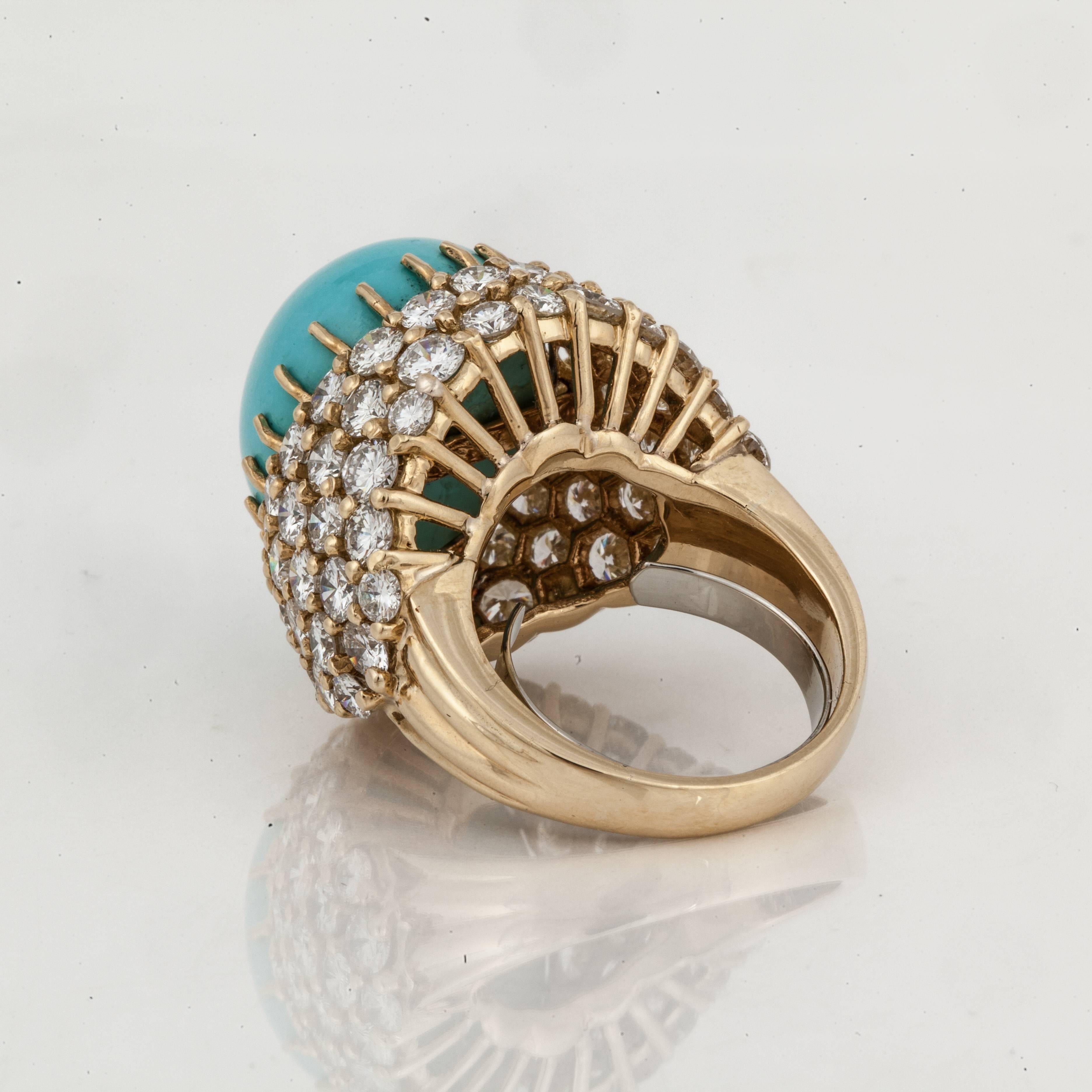 Mixed Cut Turquoise and Diamond Dome Ring in 18K Gold For Sale