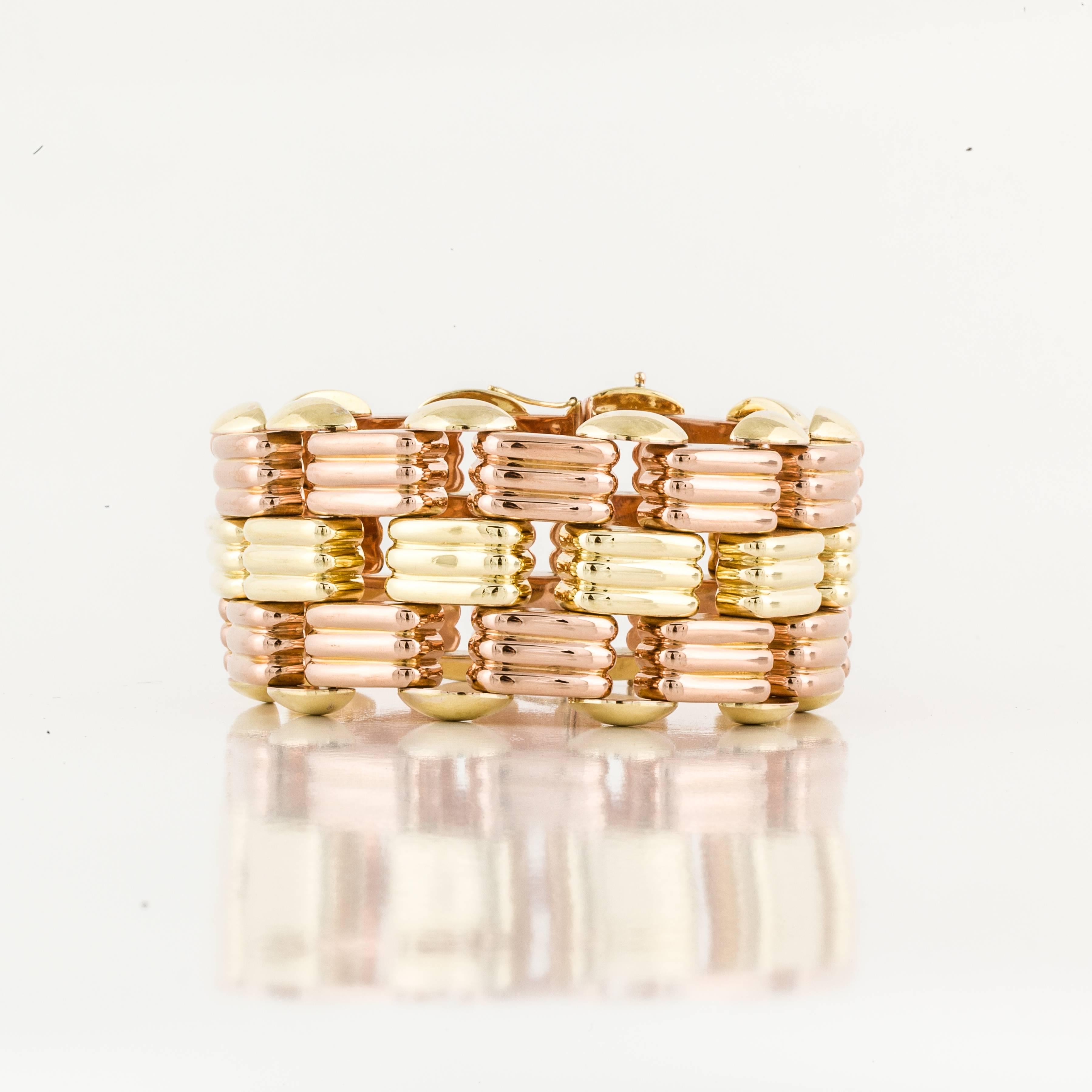 Retro bracelet crafted in 18K rose and yellow gold. Marked 