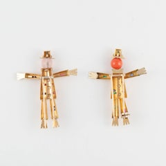LaCloche Pair of Scarecrow Pins in 18K Yellow Gold and Gemstones