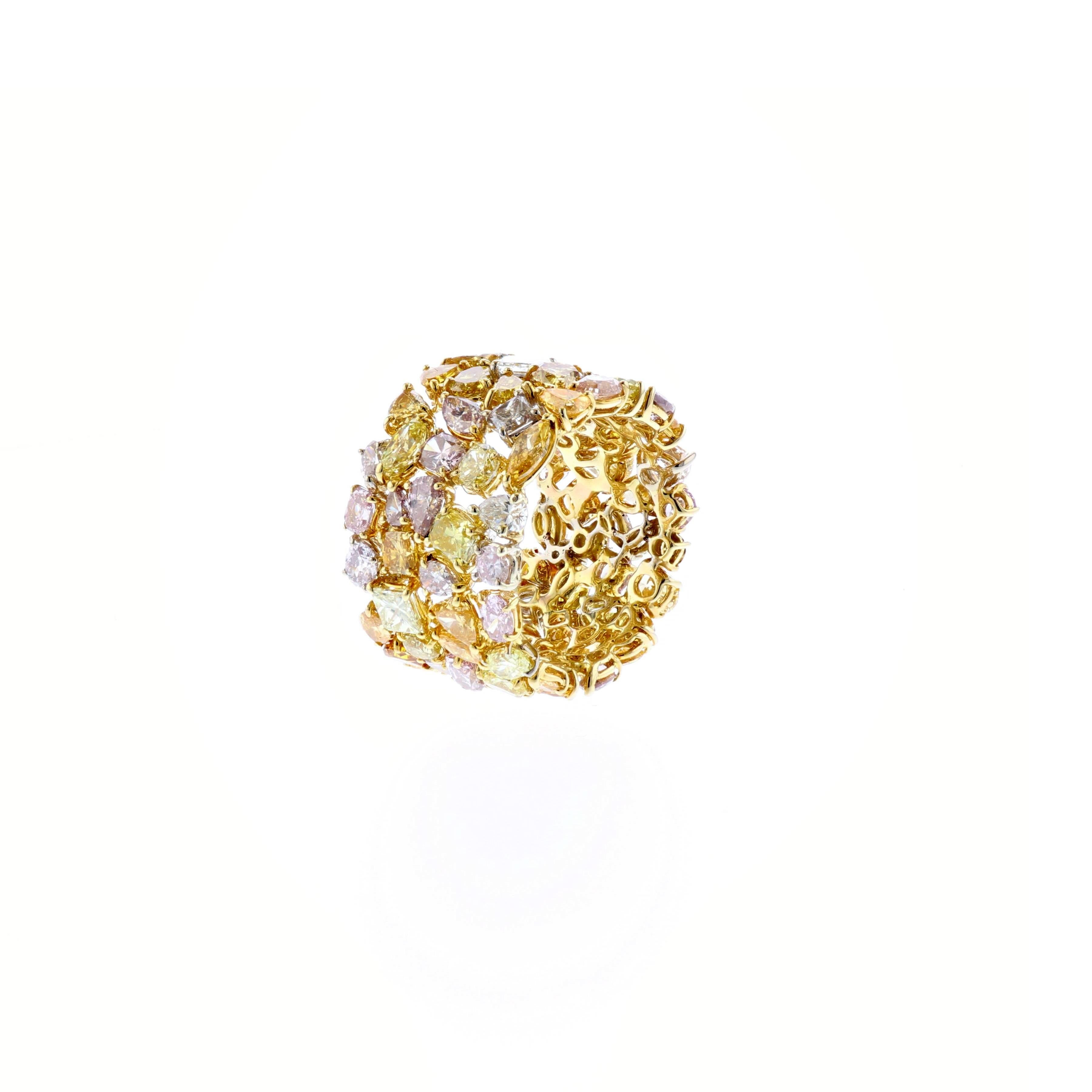 Mixed Cut Wide 18K Gold Multicolored Diamond Eternity Band For Sale