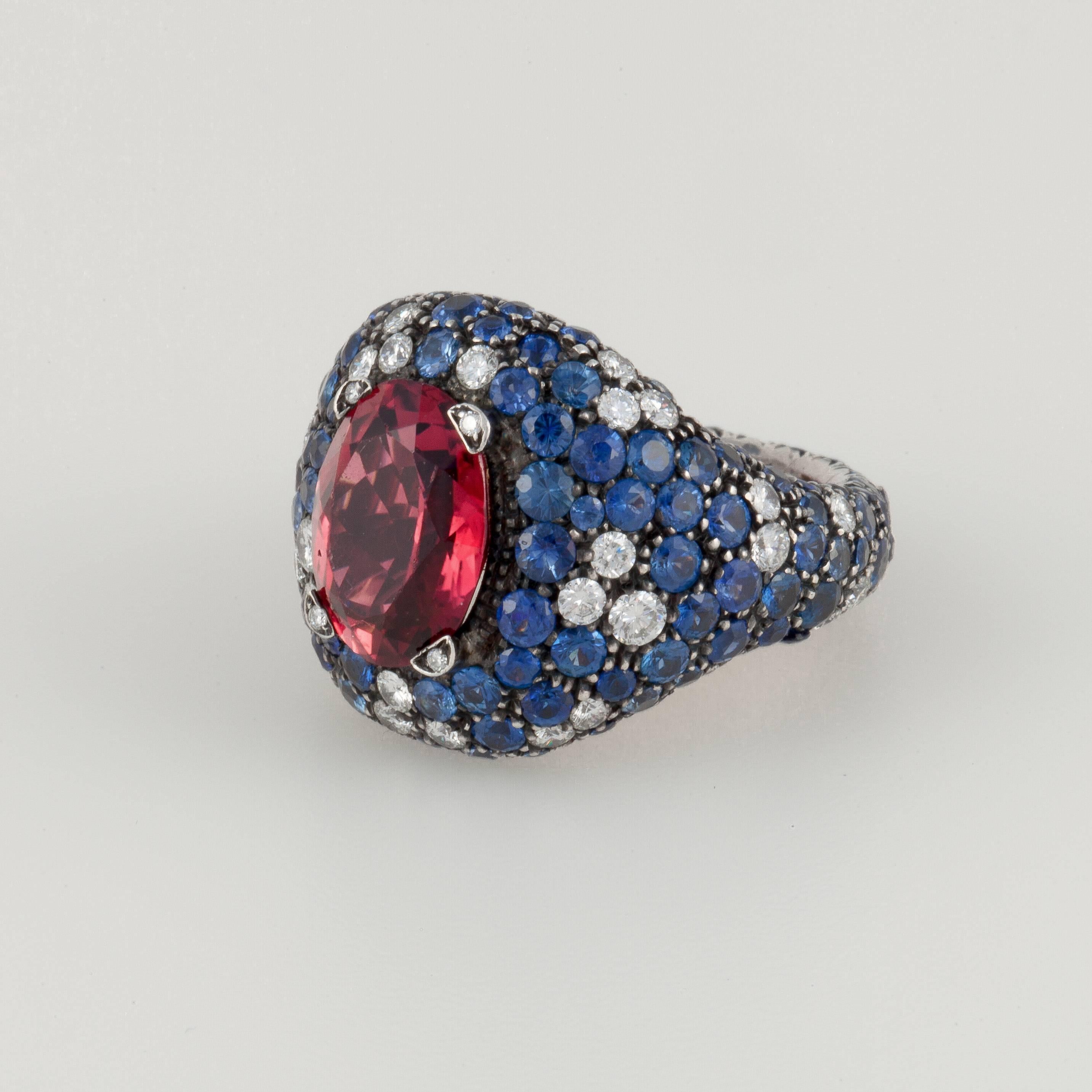 Women's Rubellite Sapphire and Diamond Ring in 18K Gold and Steel For Sale