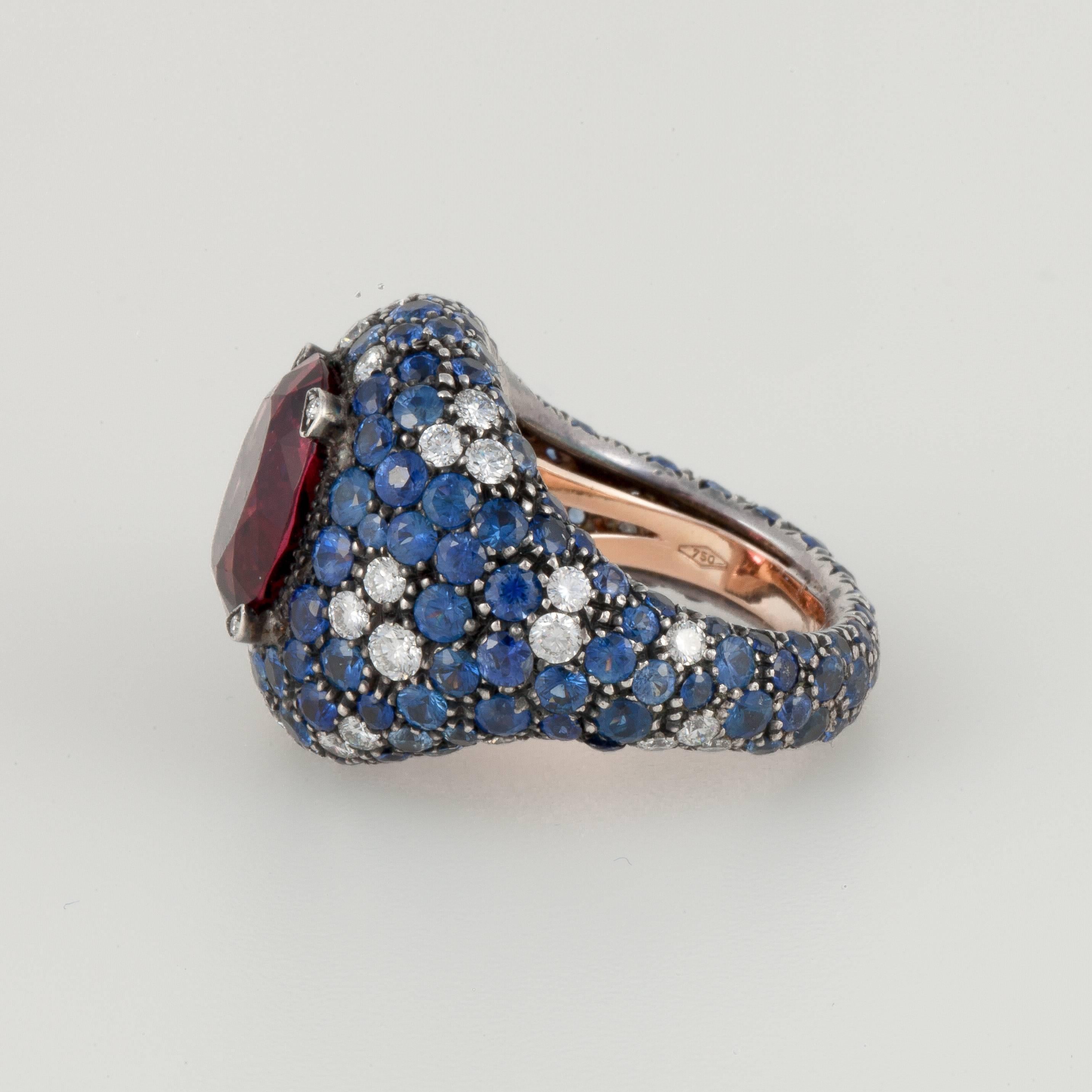 Rubellite Sapphire and Diamond Ring in 18K Gold and Steel For Sale 1