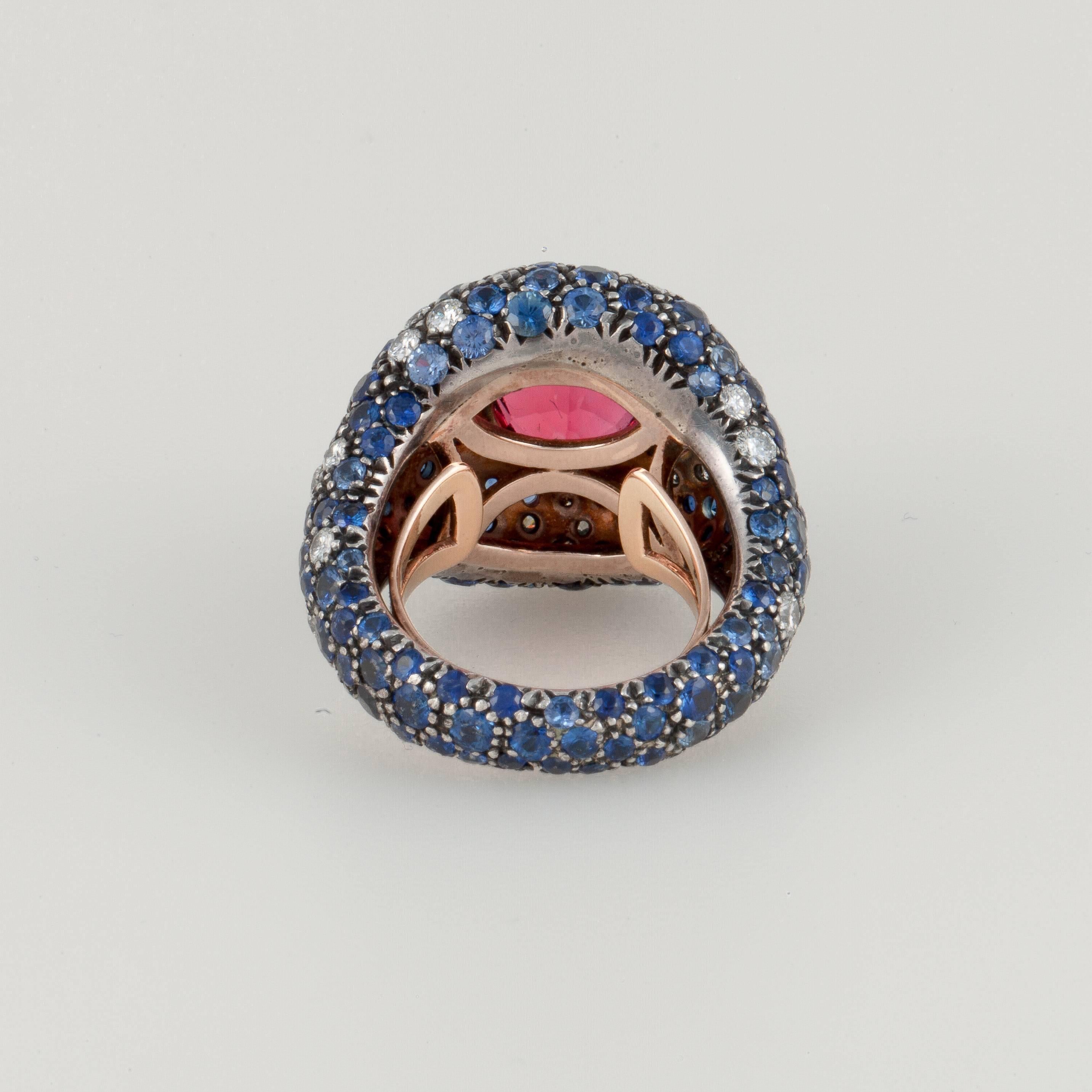 Rubellite Sapphire and Diamond Ring in 18K Gold and Steel For Sale 2