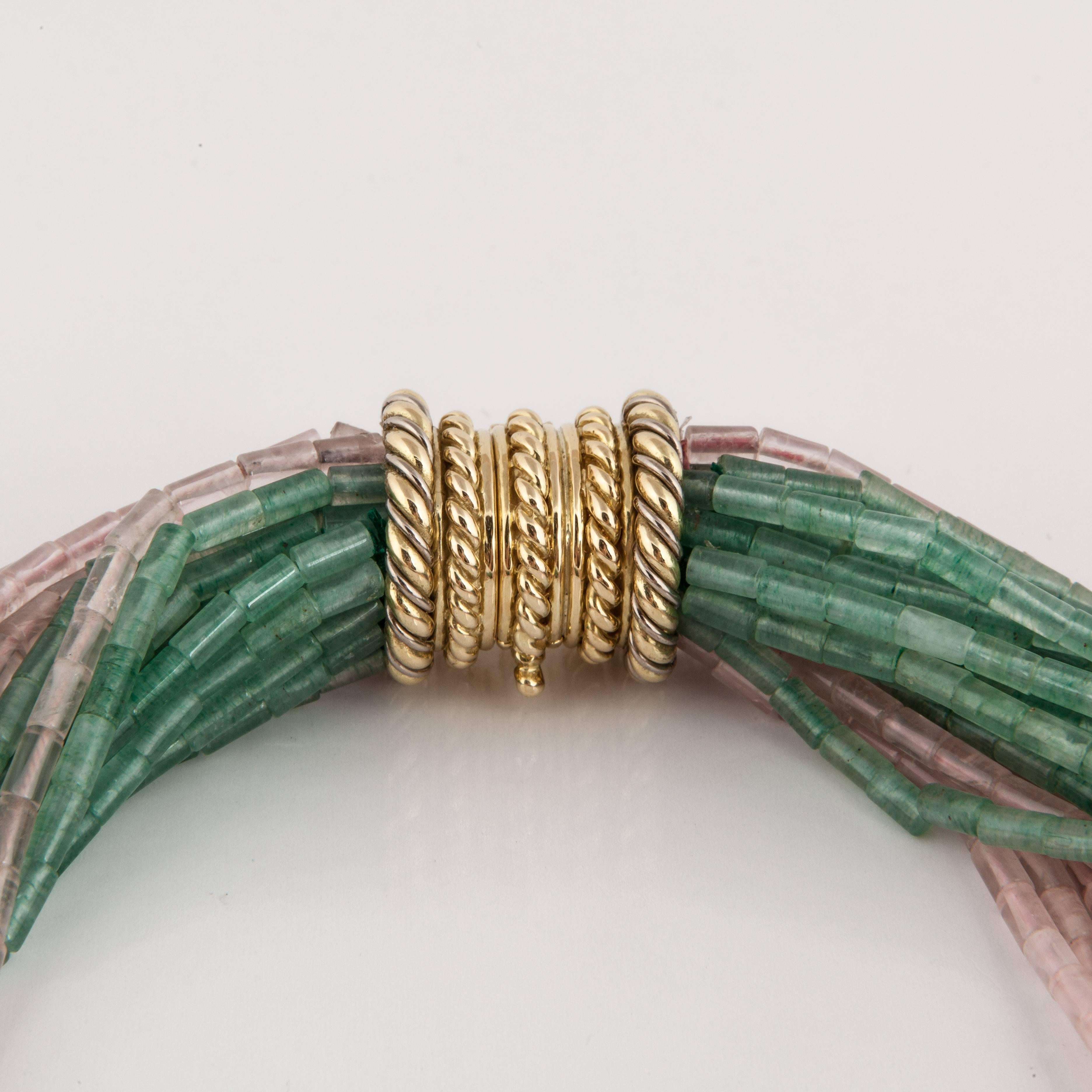 Tiffany & Co. Green and Pink Quartz Bead Torsade In Good Condition In Houston, TX