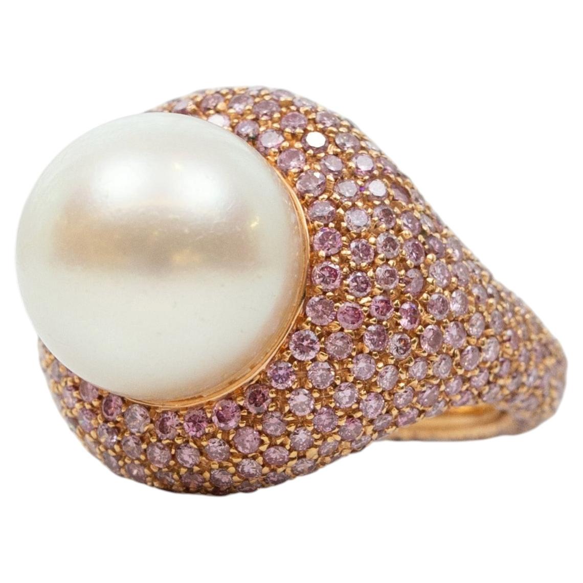 Estate 18K Rose Gold South Sea Pearl and Pink Diamond Ring