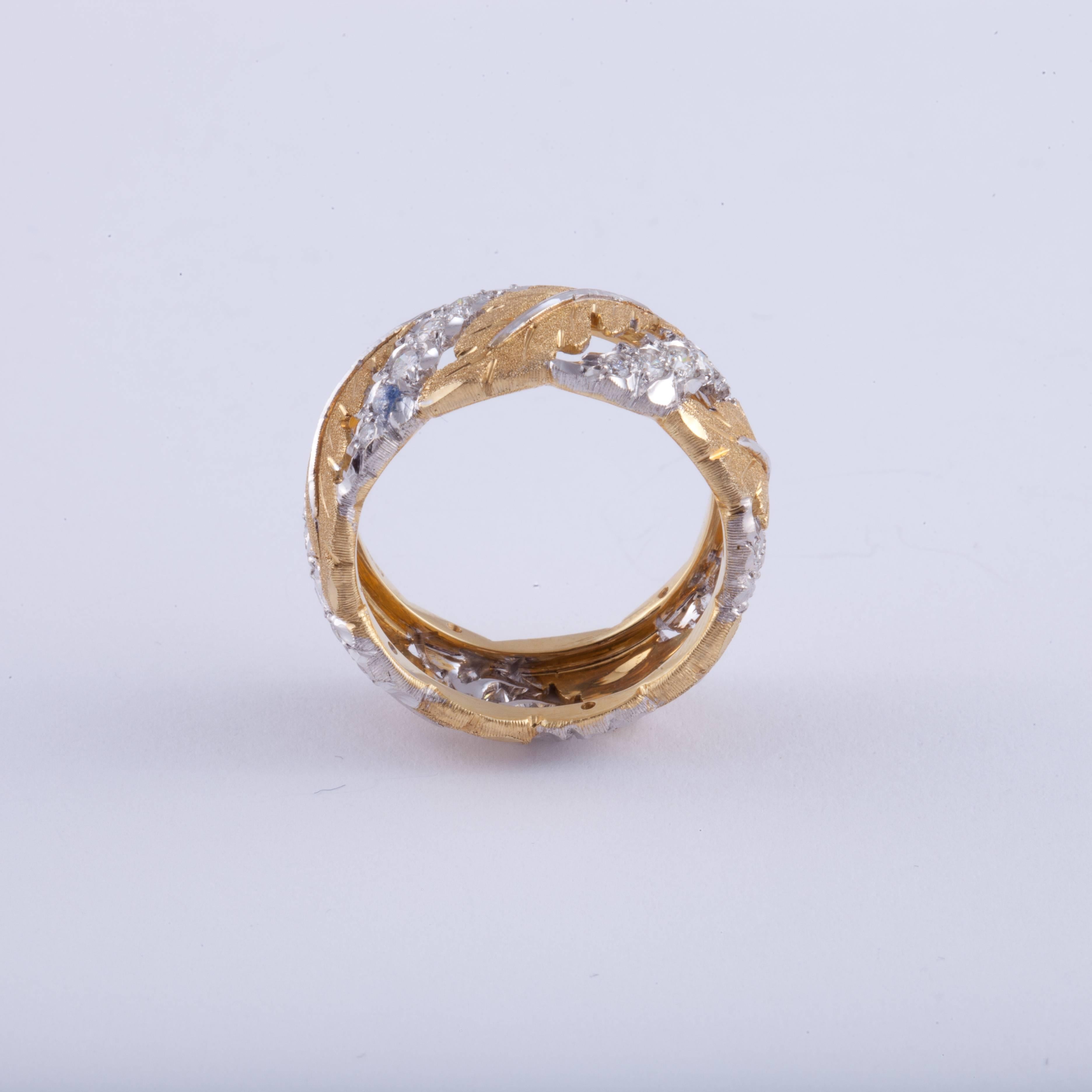 18K yellow and white gold leaf motif band with round diamonds marked 