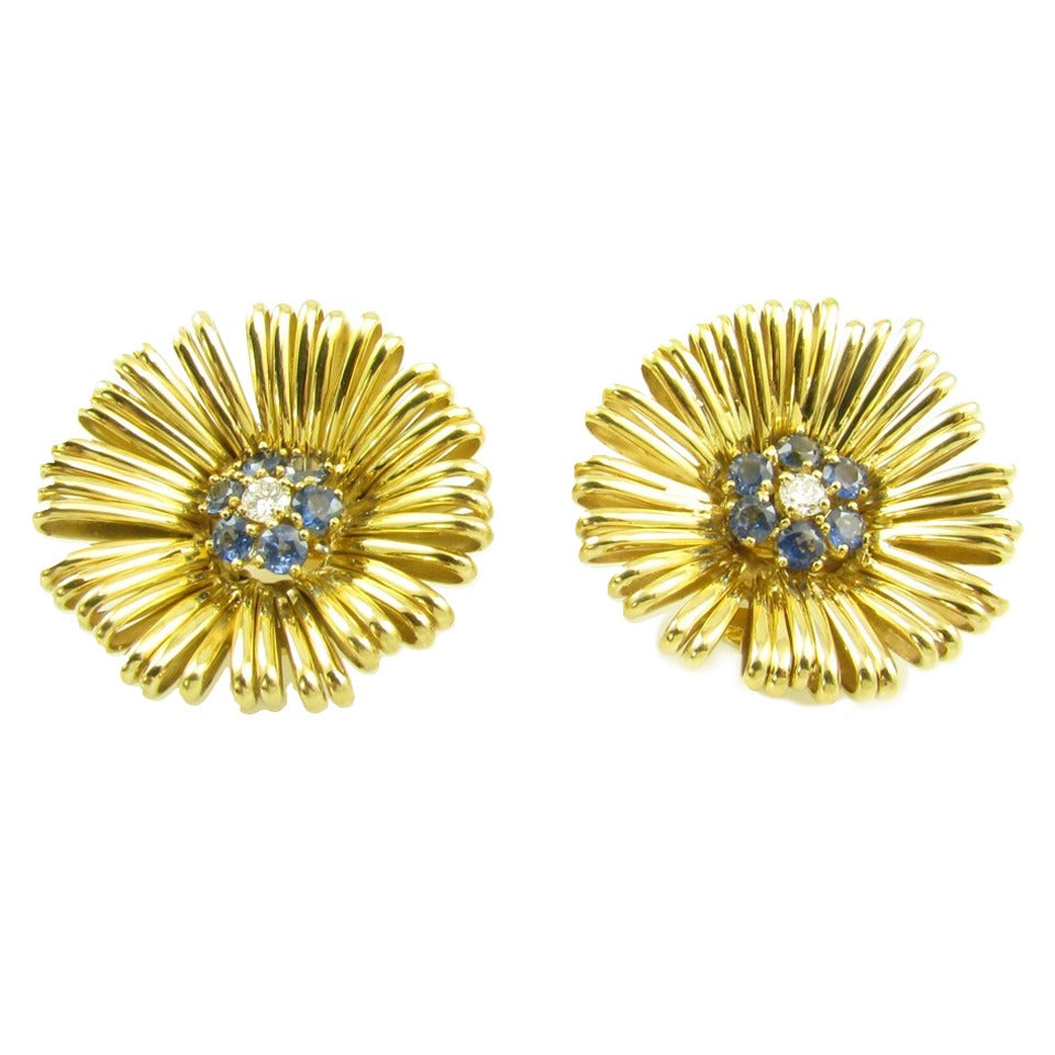 A Fabulous Pair of Sapphire Diamond Gold Flower Earrings