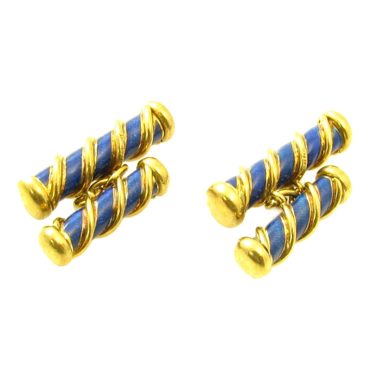 Tiffany 
Co. Schlumberger Blue Enamel Gold Barber Pole Cufflinks