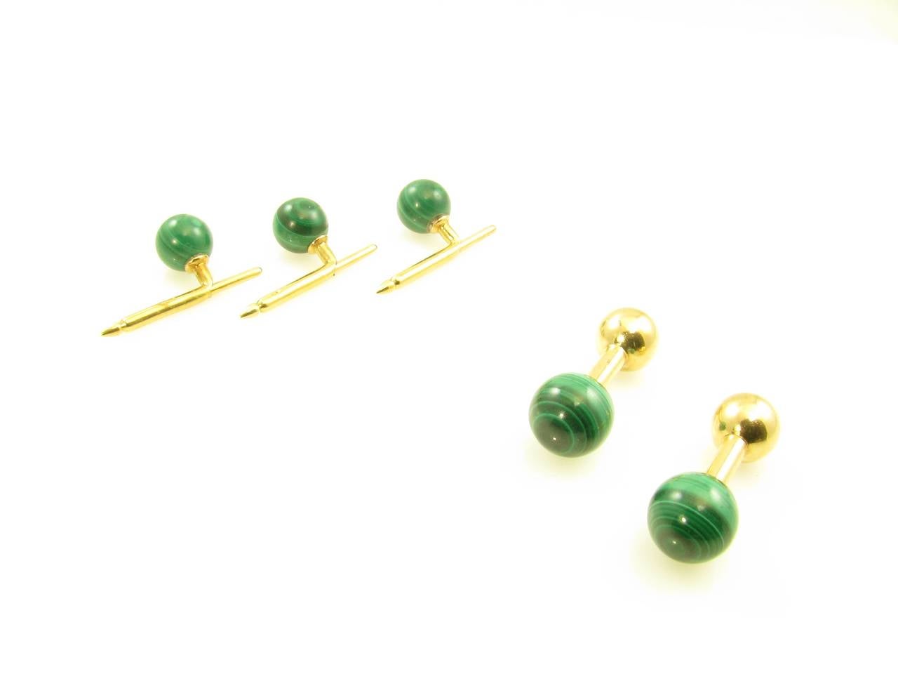 Tiffany & Co.  Malachite Gold Barbell Cufflinks In Excellent Condition In New York, NY