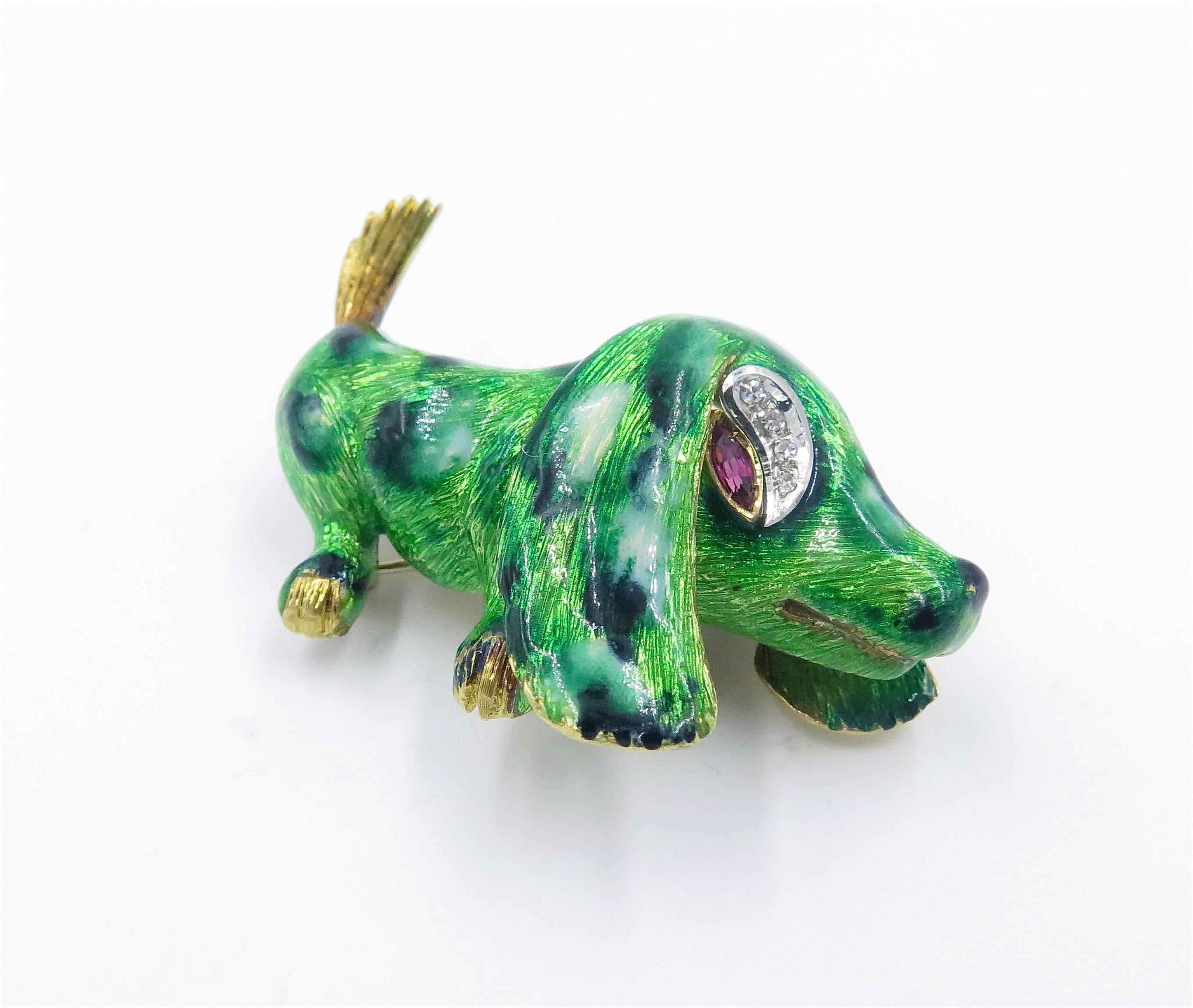 1960s Enamel Ruby Diamond Gold Dog Brooch In Excellent Condition In New York, NY