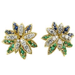 A Fabulous Pair of French Emerald Sapphire Diamond Platinum Flower Earrings