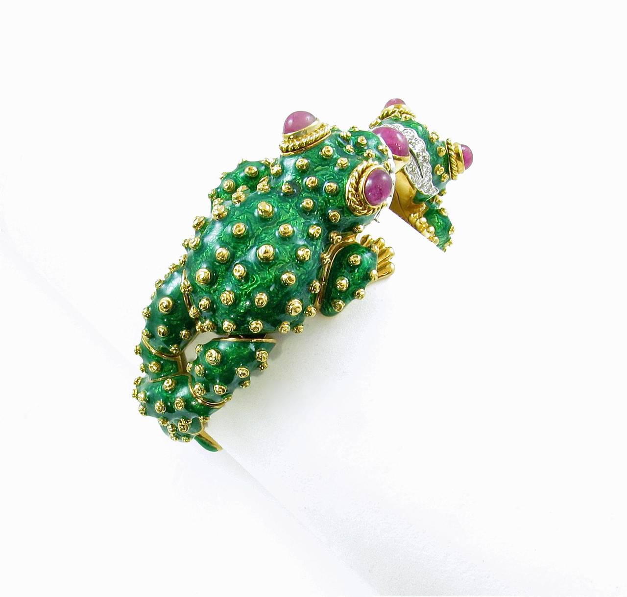 David Webb Green Enamel Ruby Diamond Gold Platinum Double Frog Bracelet 1