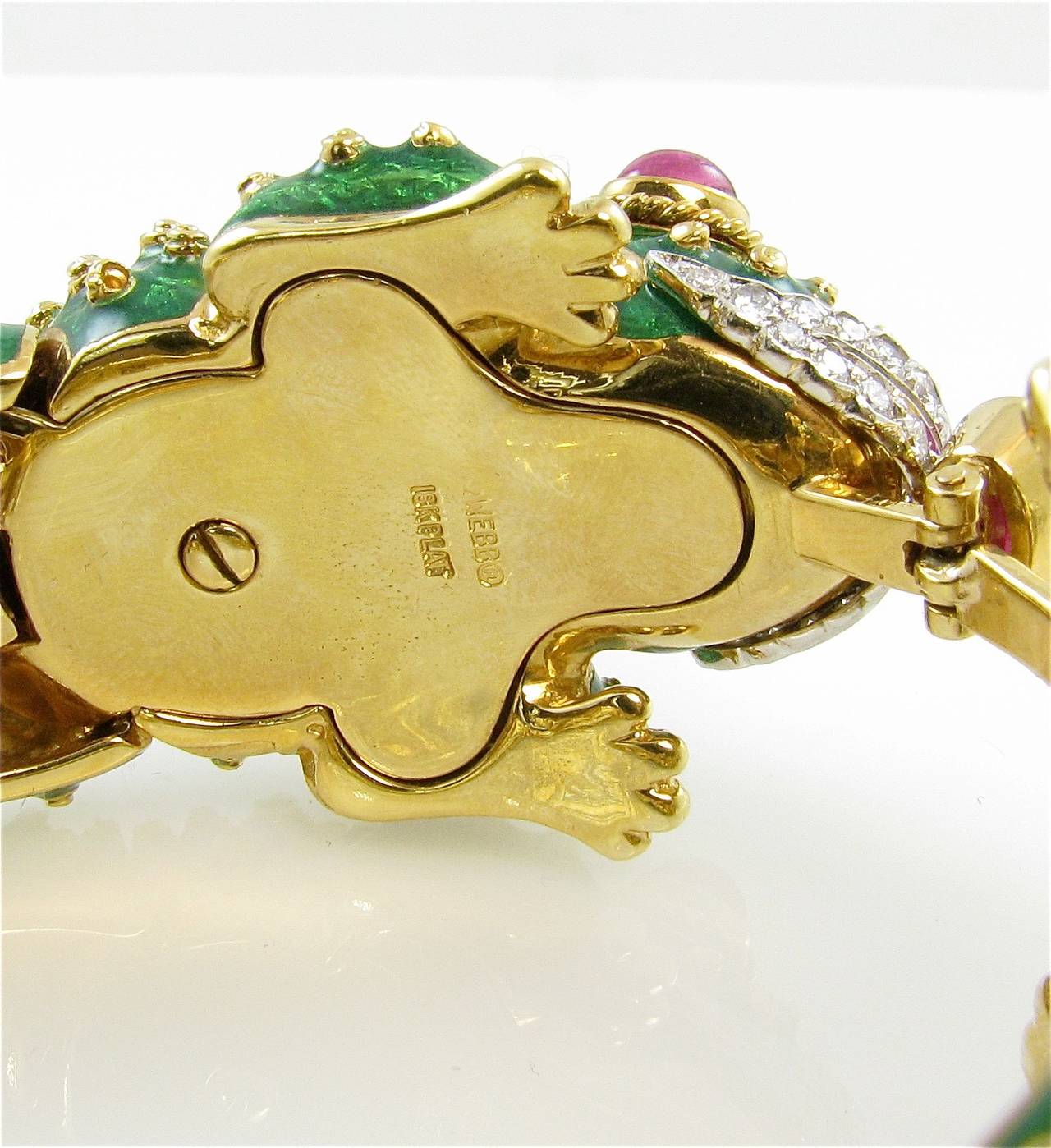 Women's David Webb Green Enamel Ruby Diamond Gold Platinum Double Frog Bracelet