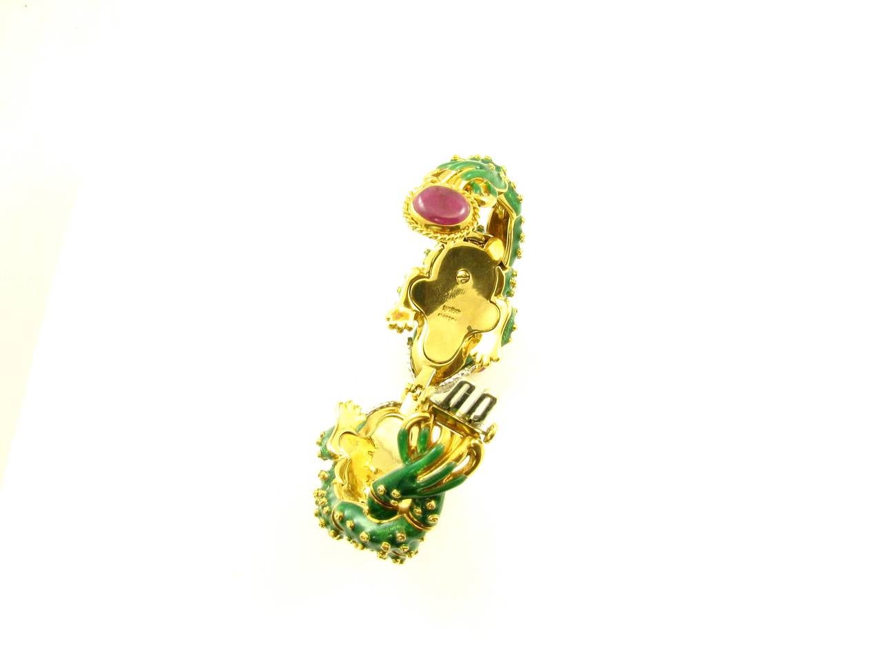 David Webb Green Enamel Ruby Diamond Gold Platinum Double Frog Bracelet 6