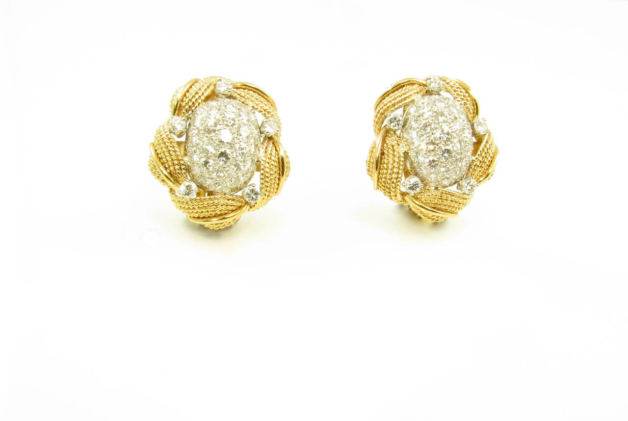 Diamond Gold Platinum Dome Earrings In Excellent Condition In New York, NY