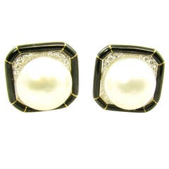 David Webb Black Enamel South Sea Pearl Diamond Earrings