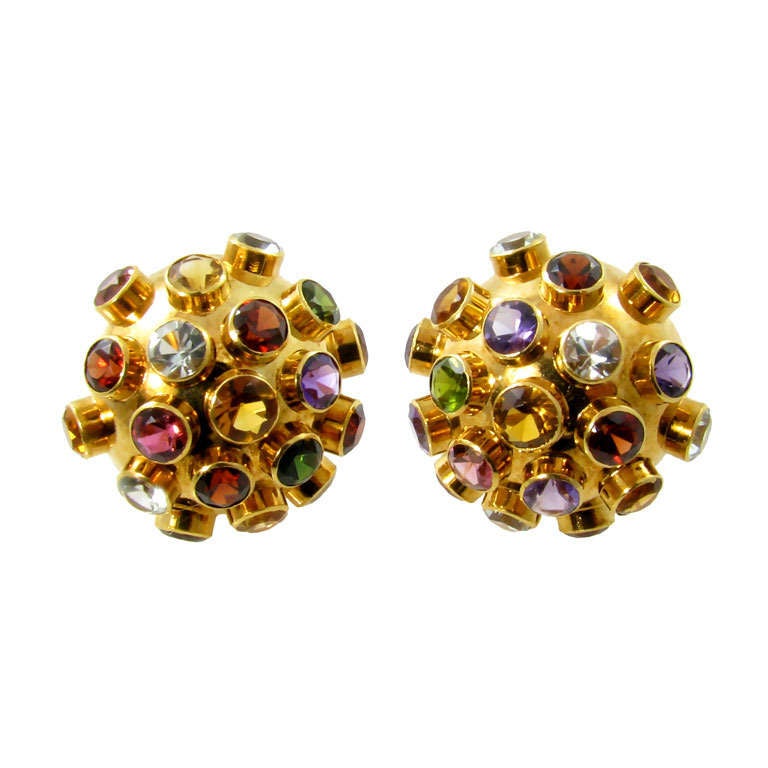 A Fabulous Pair of Multi Colored Stone and Yellow Gold "Sputnik" Earrings