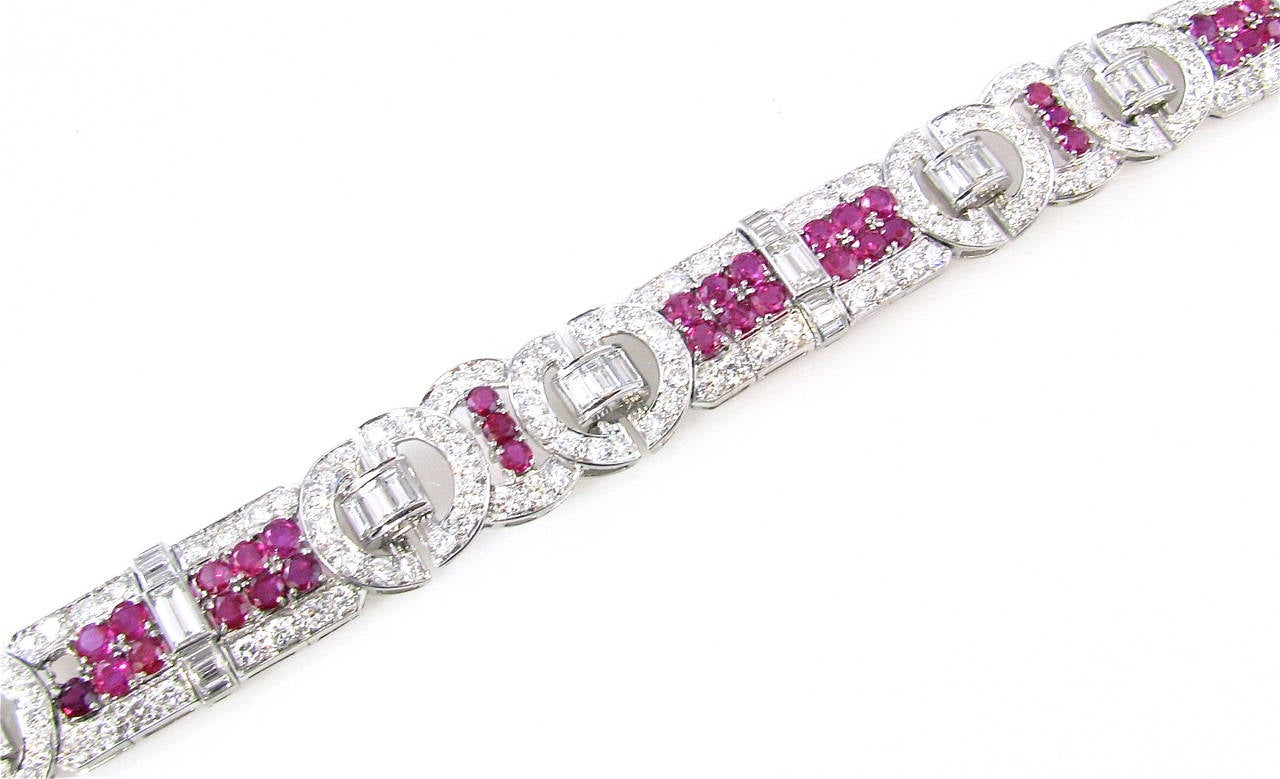 A platinum, ruby and diamond Art Deco bracelet. Circa 1930.