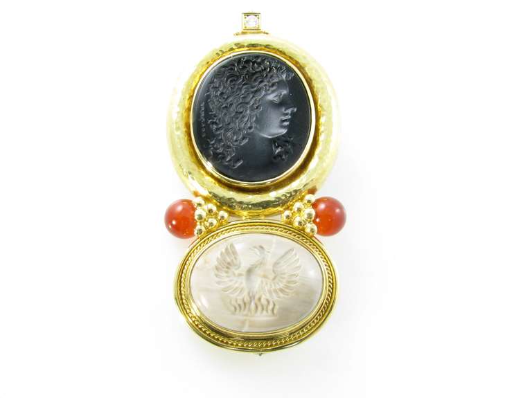 ELIZABETH GAGE Onyx, Carnelian, Agate, Diamond and Gold Brooch.